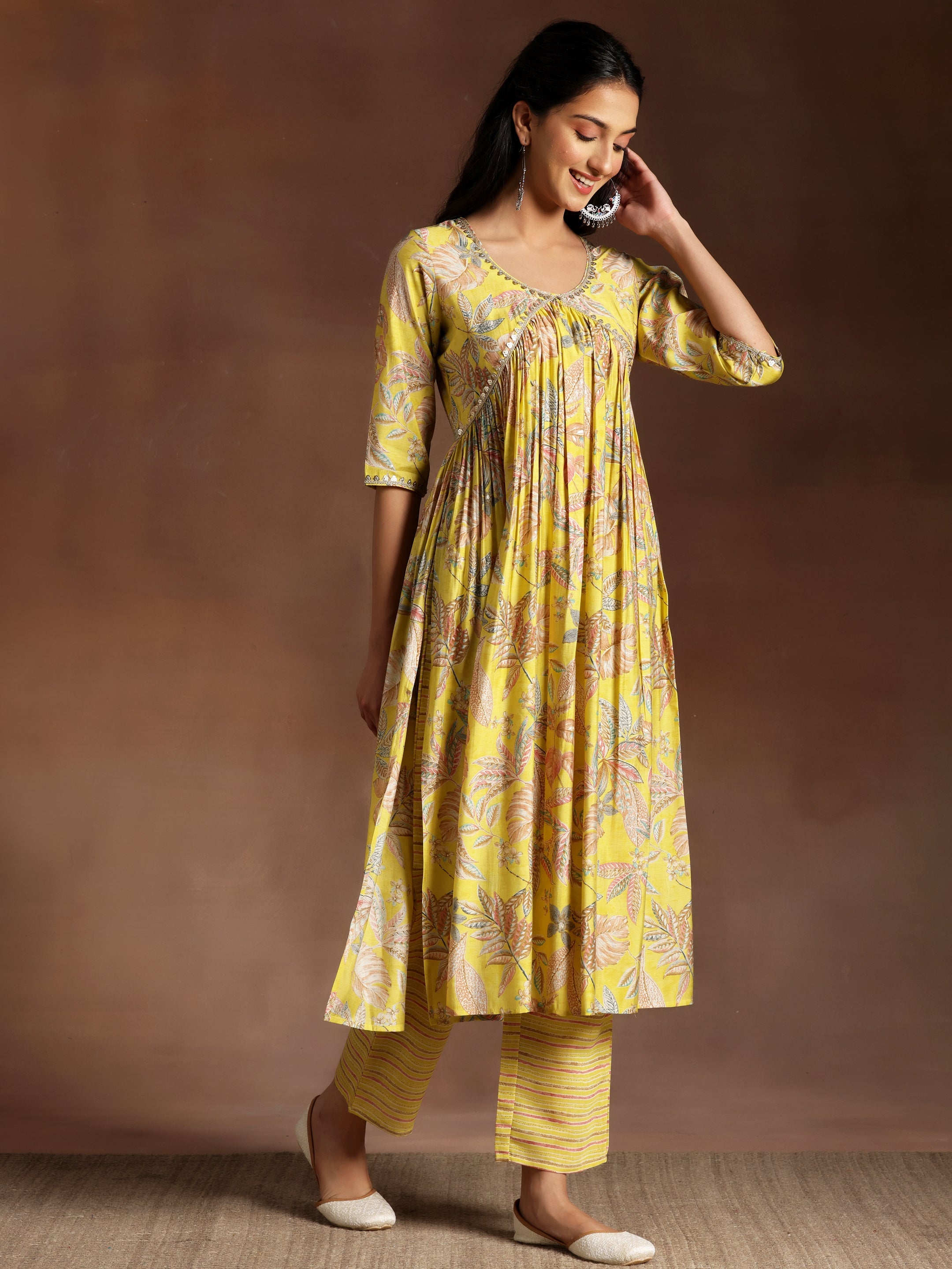 Aashna Mustard Printed Silk Blend A-Line Kurta With Palazzos & Dupatta