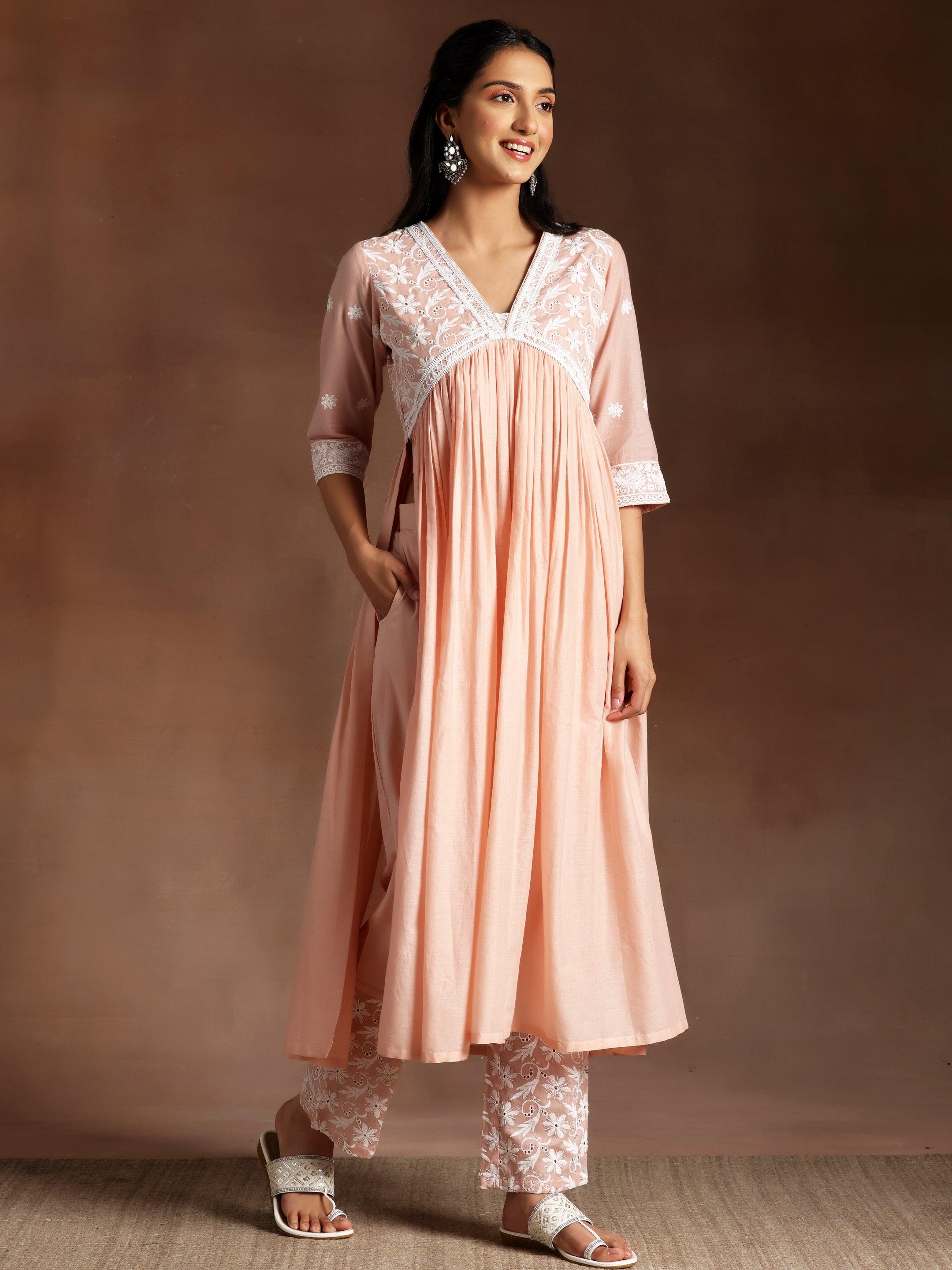 Peach Embroidered Cotton A-Line Kurta With Palazzos & Dupatta