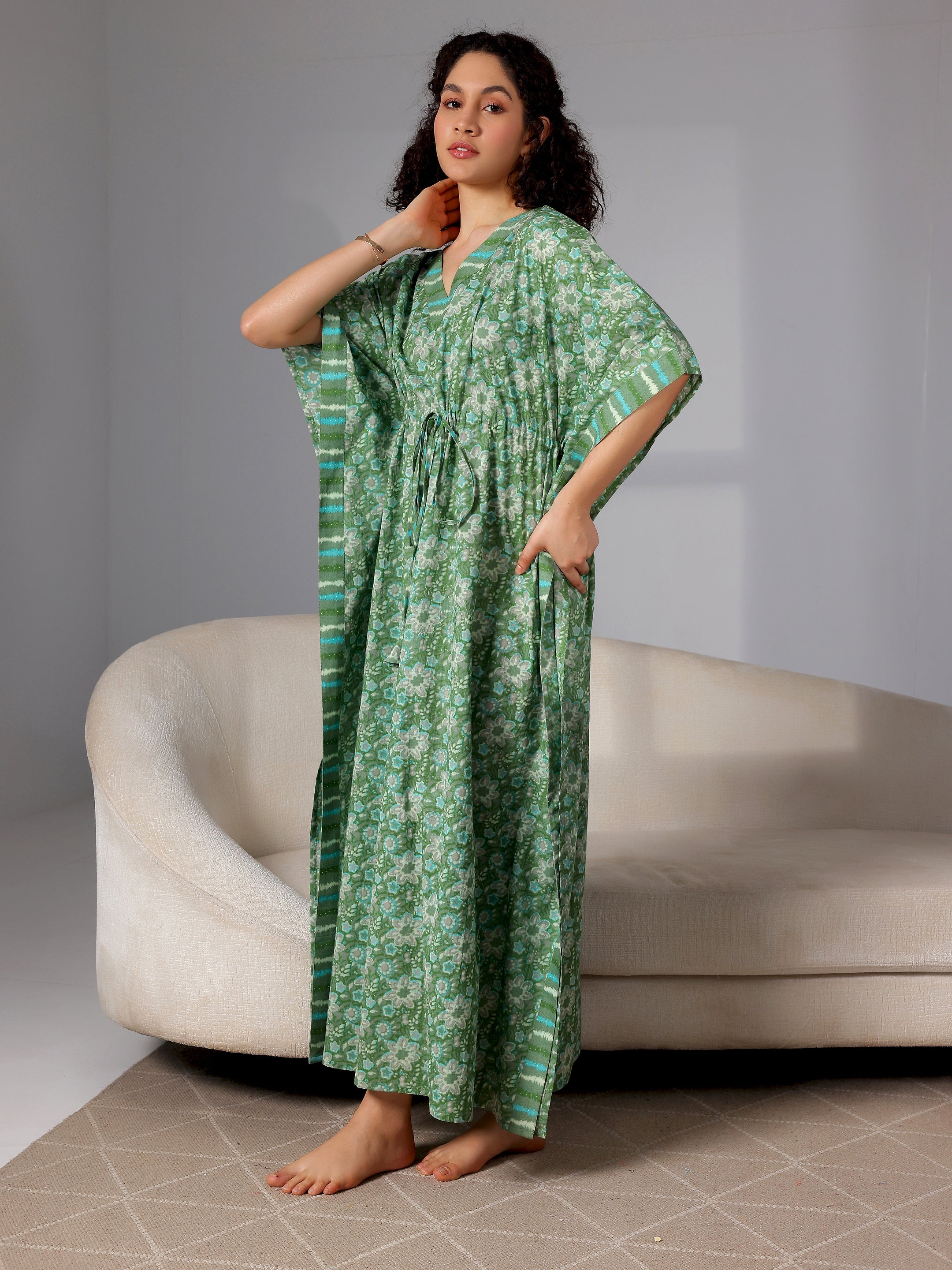 Green Printed Cotton Kaftan Night Dress