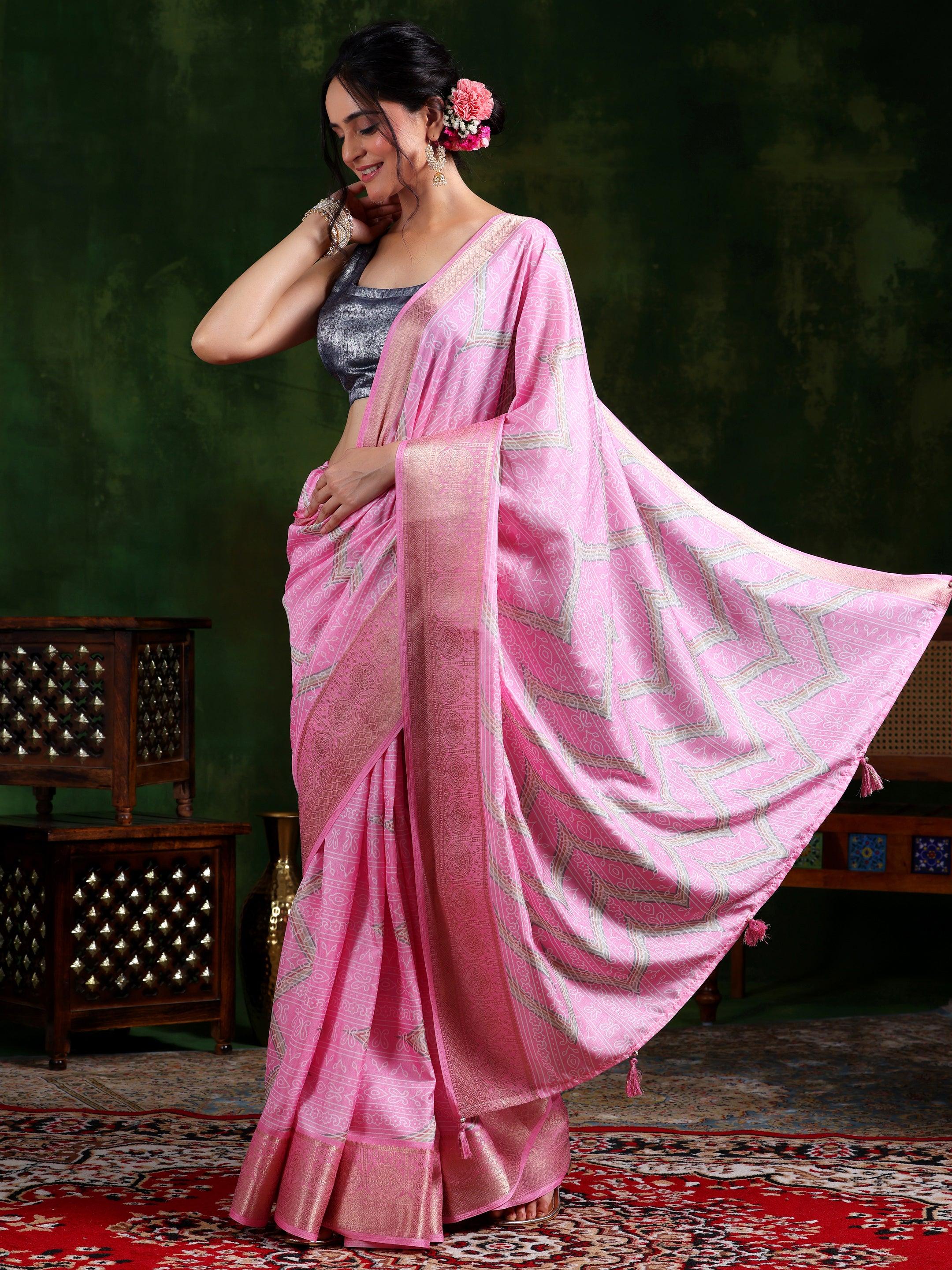 Pink Printed Silk Blend Saree With Unstitched Blouse Piece