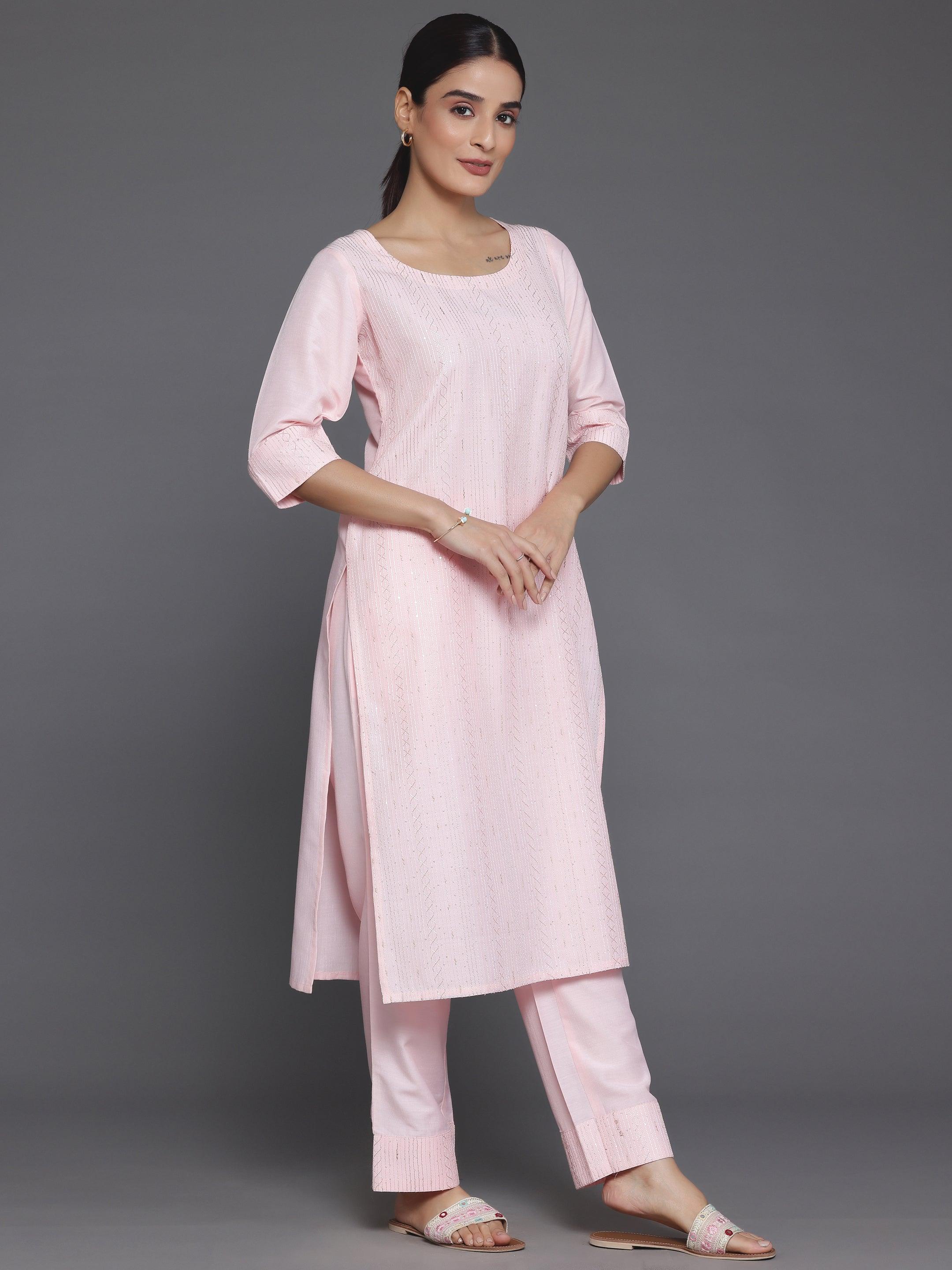 Peach Self Design Silk Blend Straight Suit With Dupatta