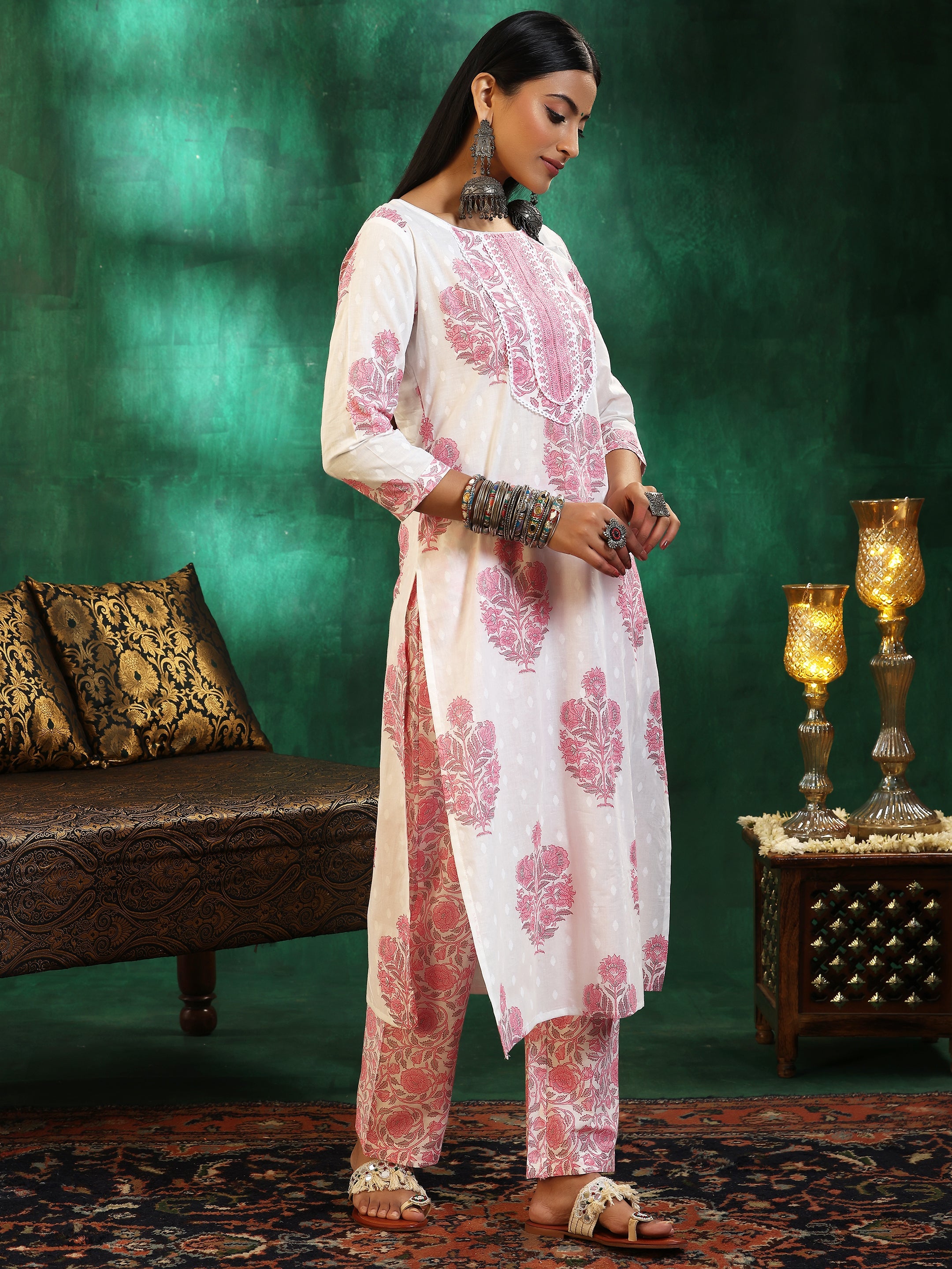 Off White Printed Cotton Straight Suit With Dupatta