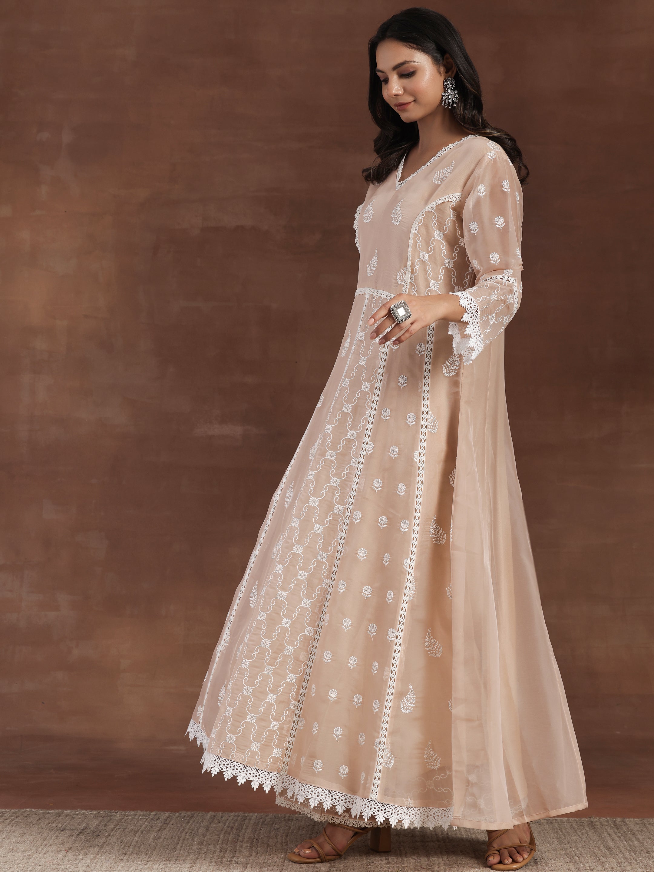 Nude Embroidered Organza A-Line Kurta With Palazzos & Dupatta