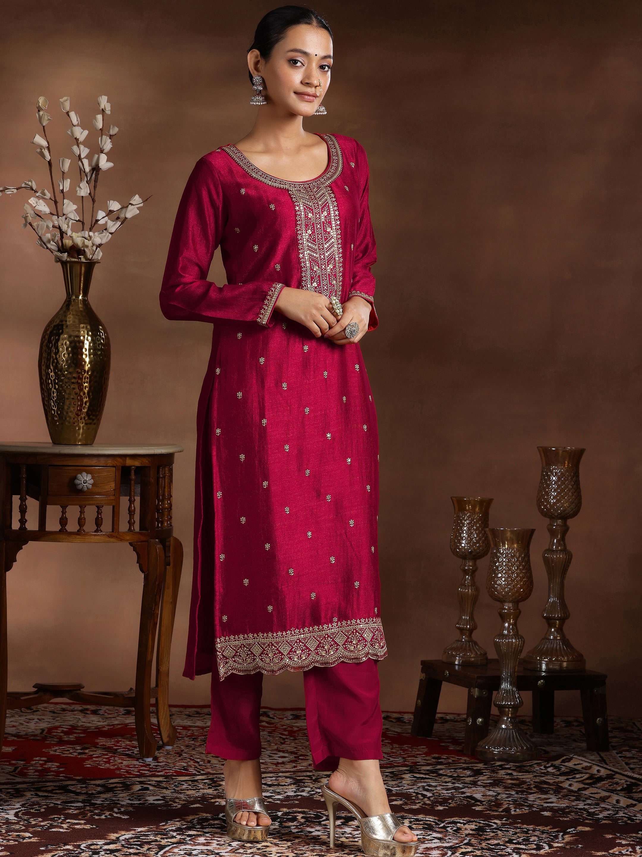 Red Embroidered Silk Blend Straight Suit With Dupatta