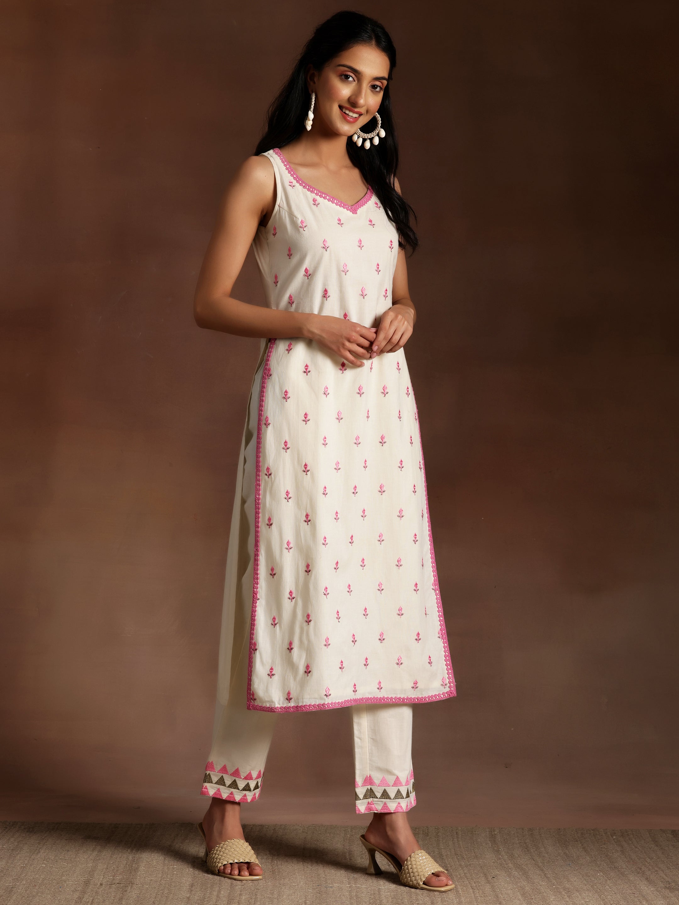 Off White Embroidered Cotton Straight Suit With Dupatta