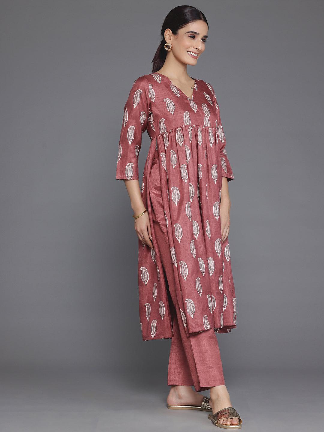 Mauve Printed Silk Blend A-Line Kurta With Trousers