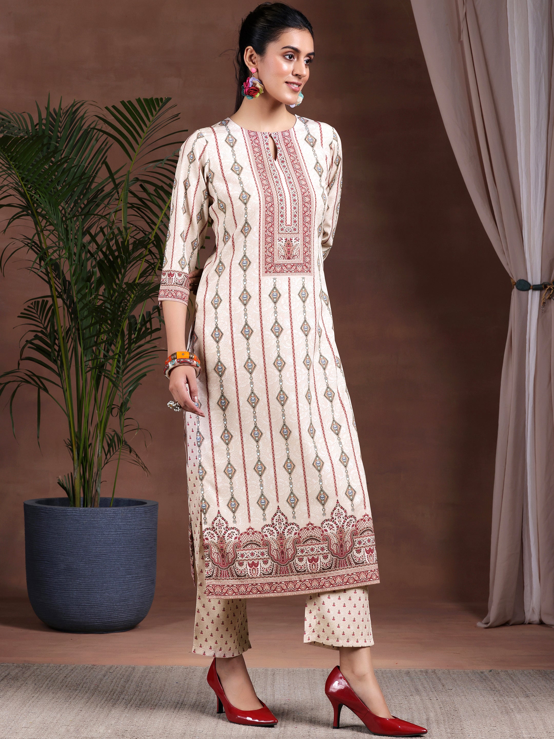 Beige Printed Poly Crepe Straight Suit With Dupatta