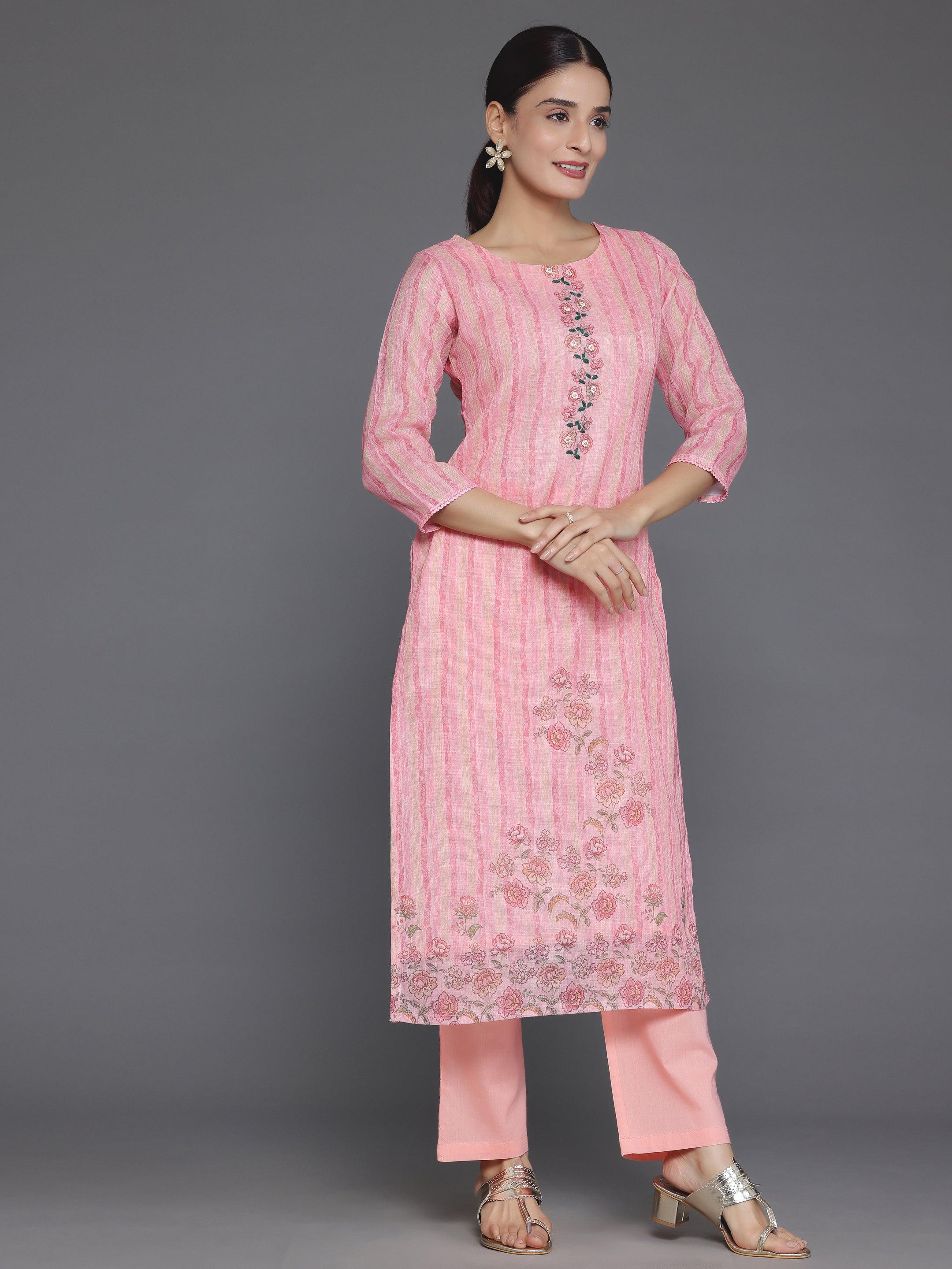 Pink Printed Cotton Straight Suit With Dupatta