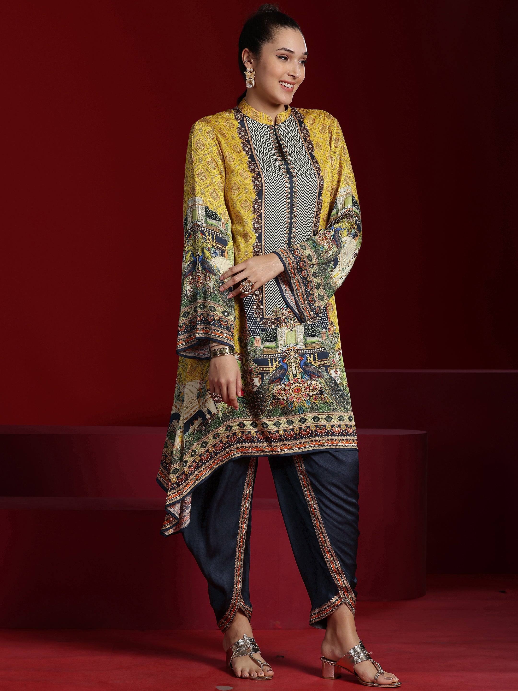 Libas Art Mustard Printed Silk Blend Straight Kurta With Dhoti Pants