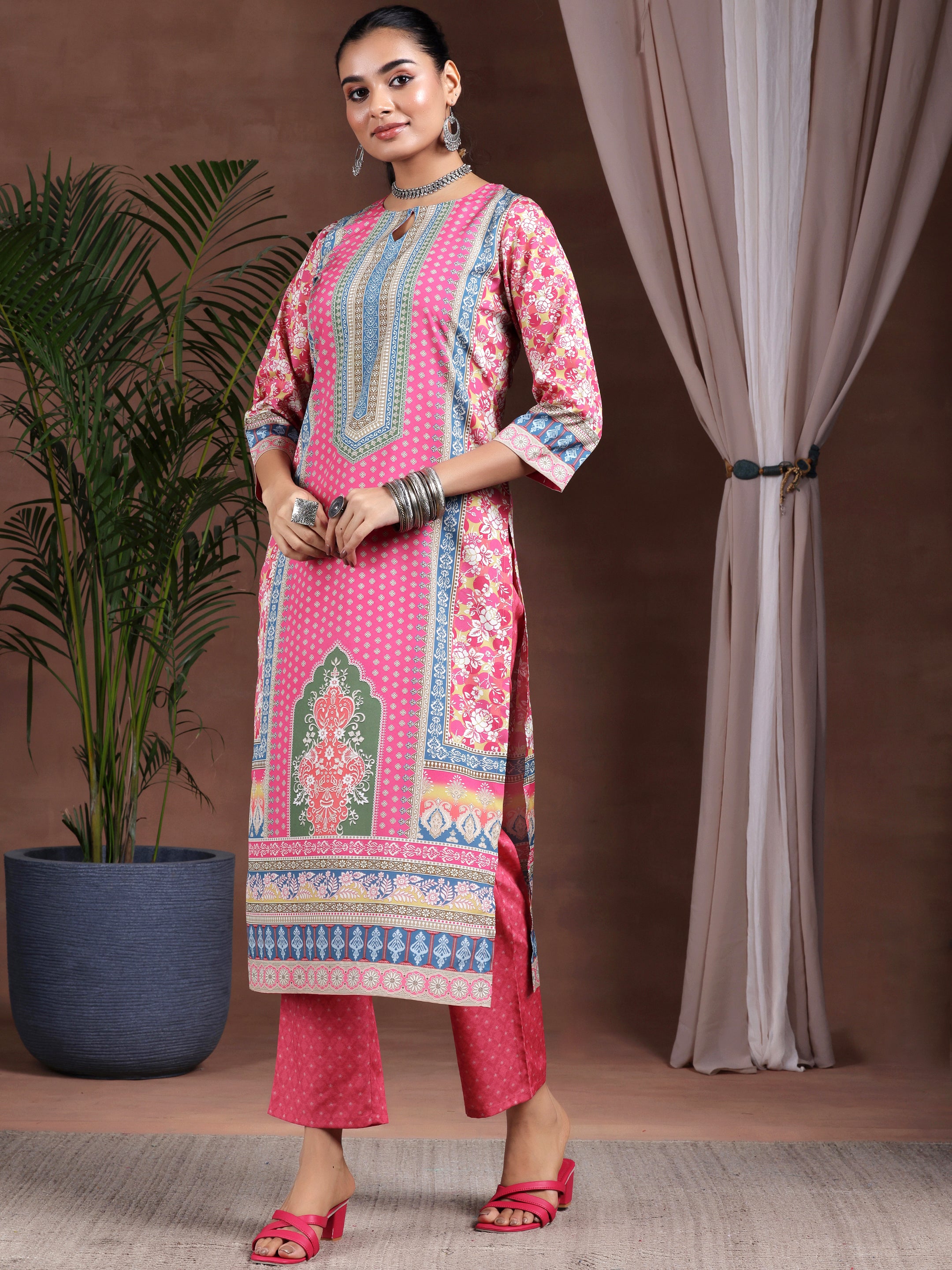 Pink Printed Poly Crepe Straight Suit With Dupatta