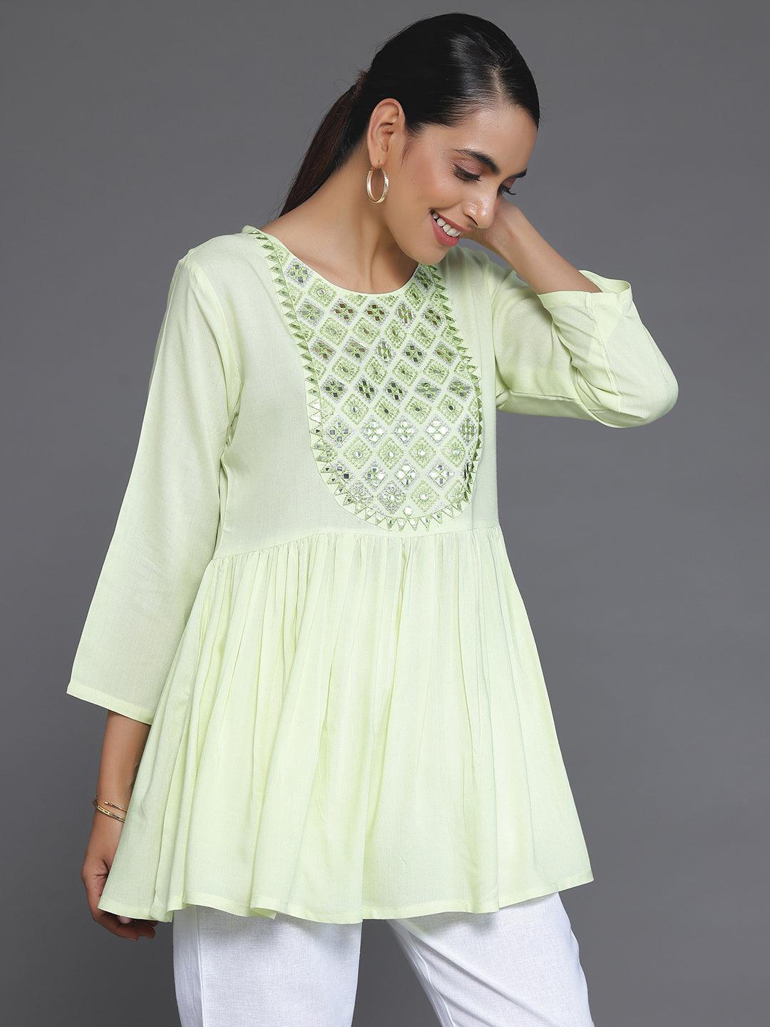 Green Embroidered Rayon A-Line Kurti