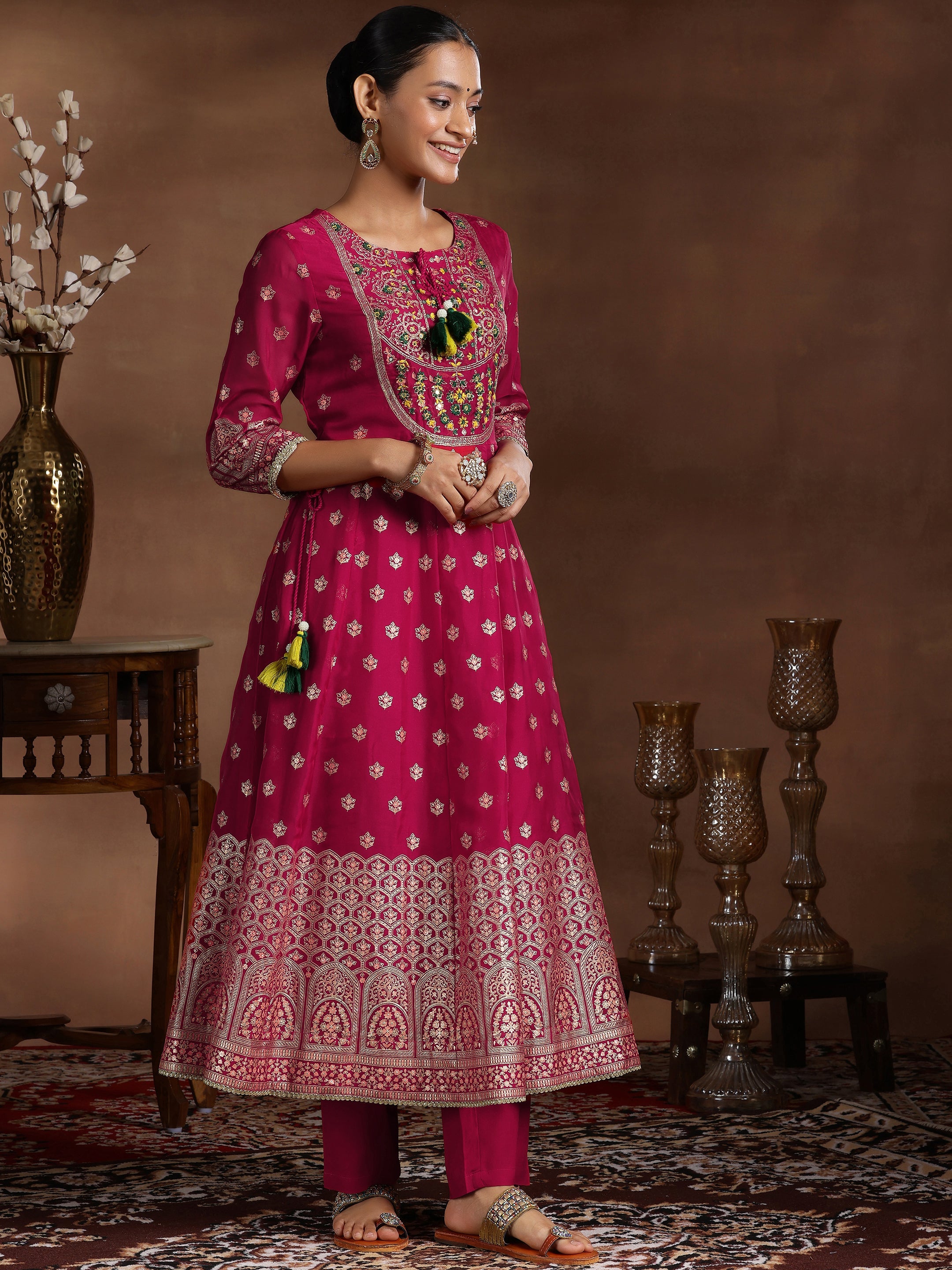 Pink Printed Organza Anarkali Suit With Dupatta