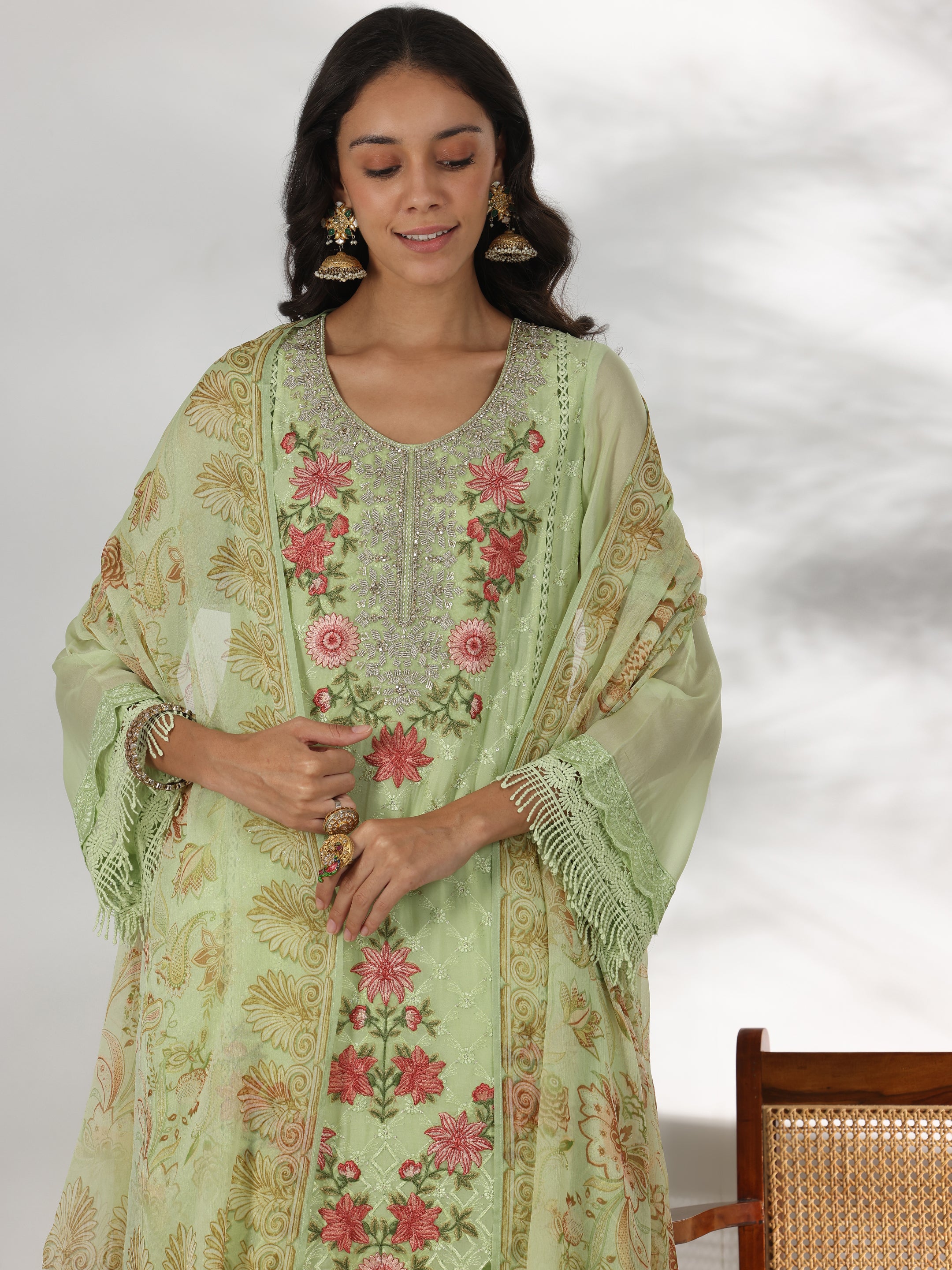 Green Embroidered Organza Straight Suit With Dupatta