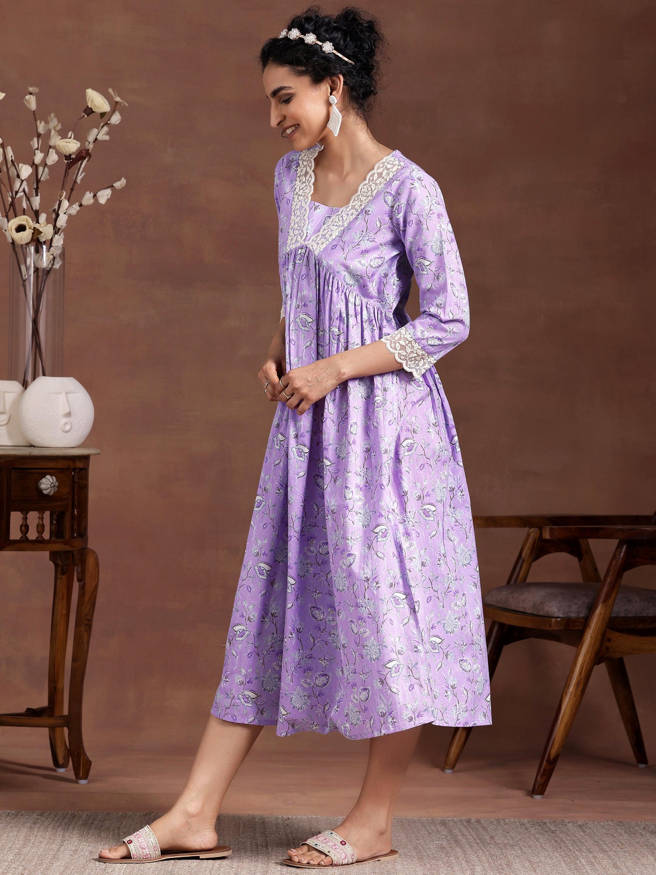 Lavender Printed Cotton Fit and Flare Dress