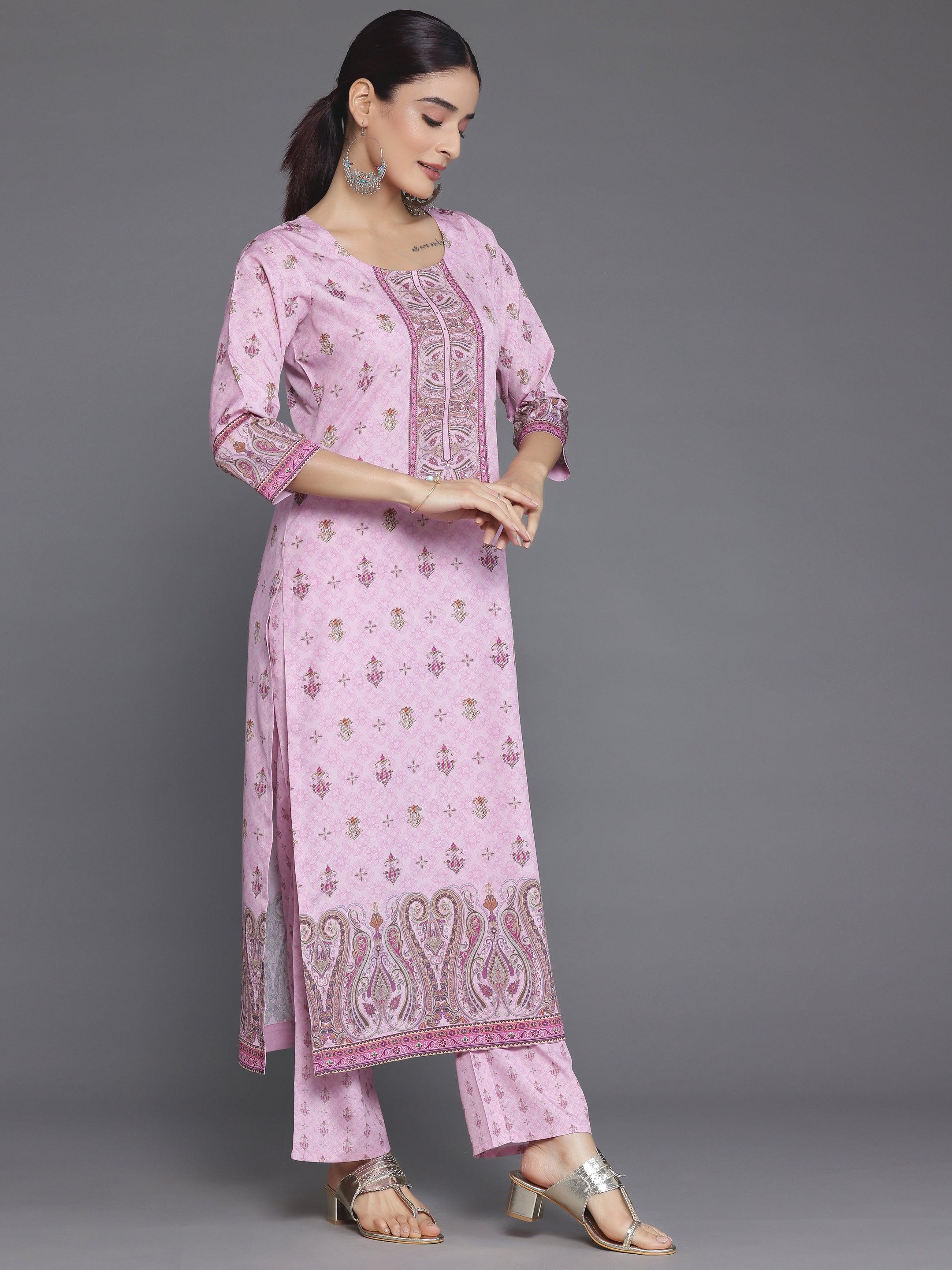 Pink Printed Poly Crepe Straight Suit With Dupatta