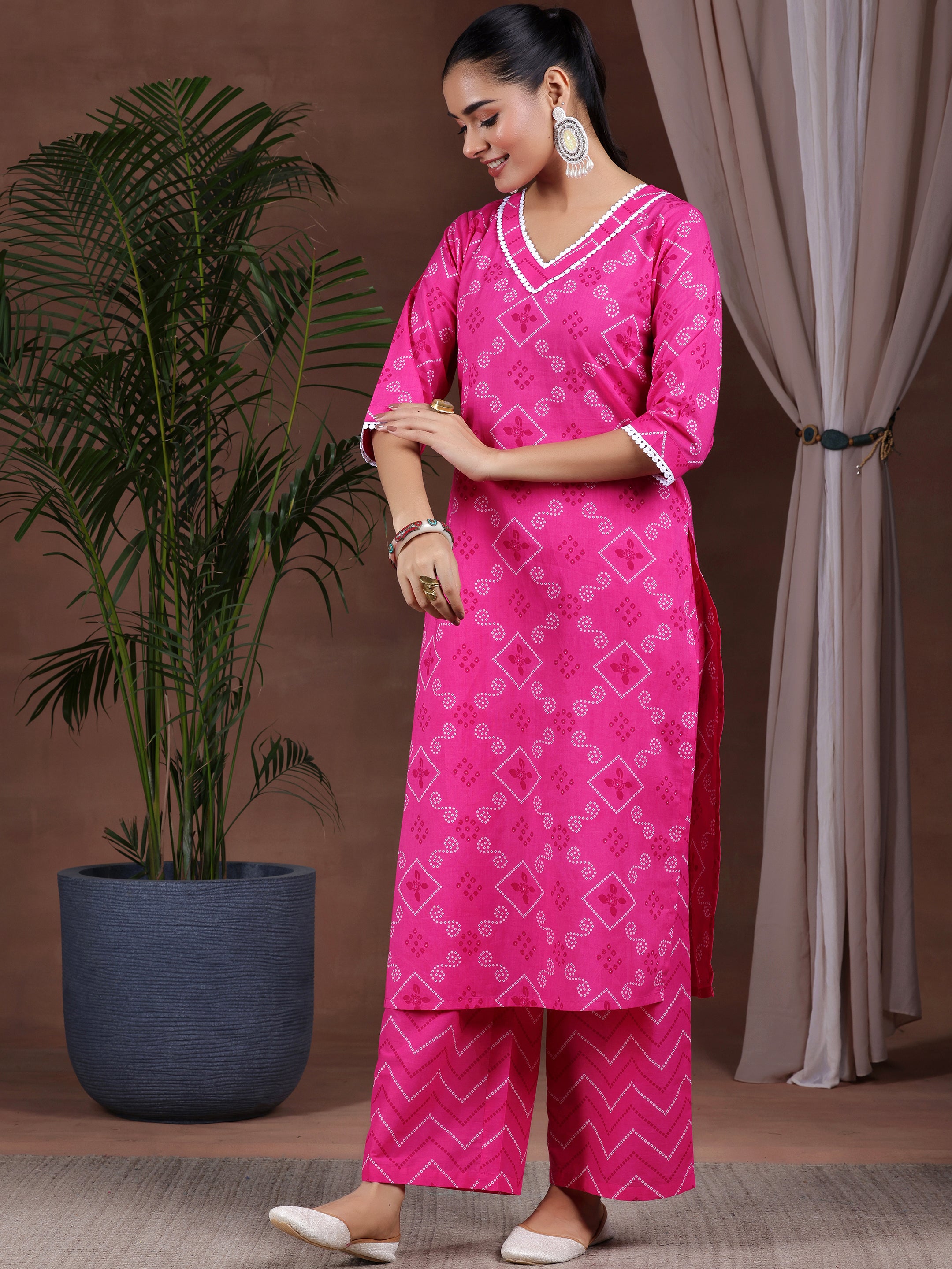 Pink Printed Cotton Straight Suit With Dupatta