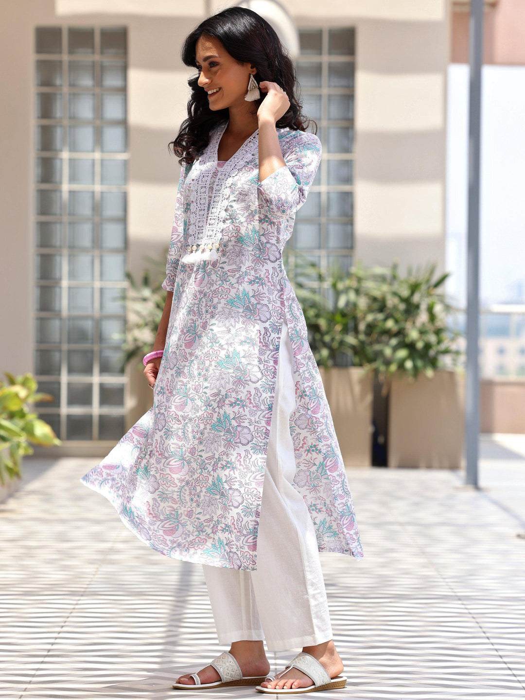 Off White Printed Cotton Straight Suit With Dupatta - Libas