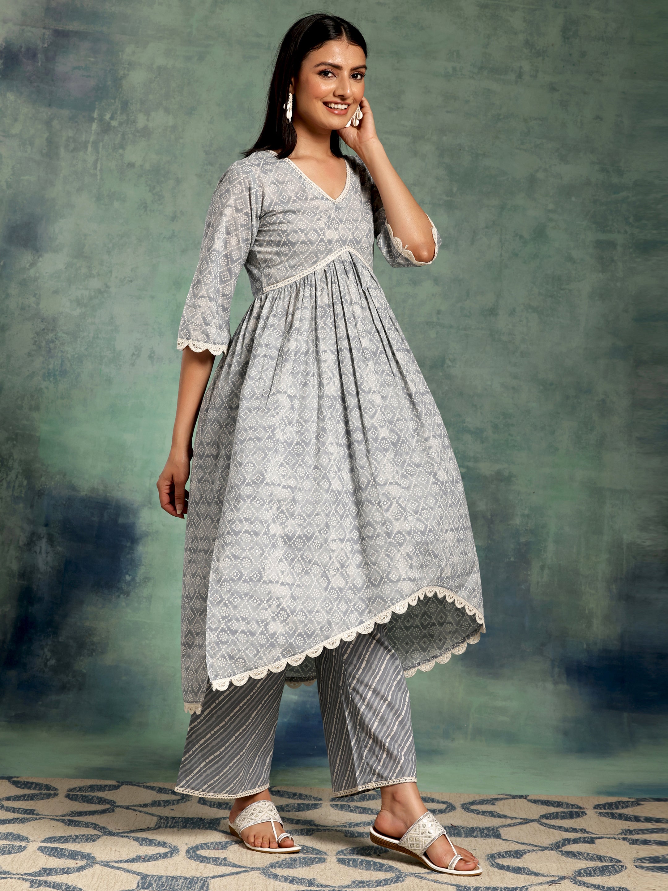 Grey Printed Cotton A-Line Kurta With Palazzos & Dupatta