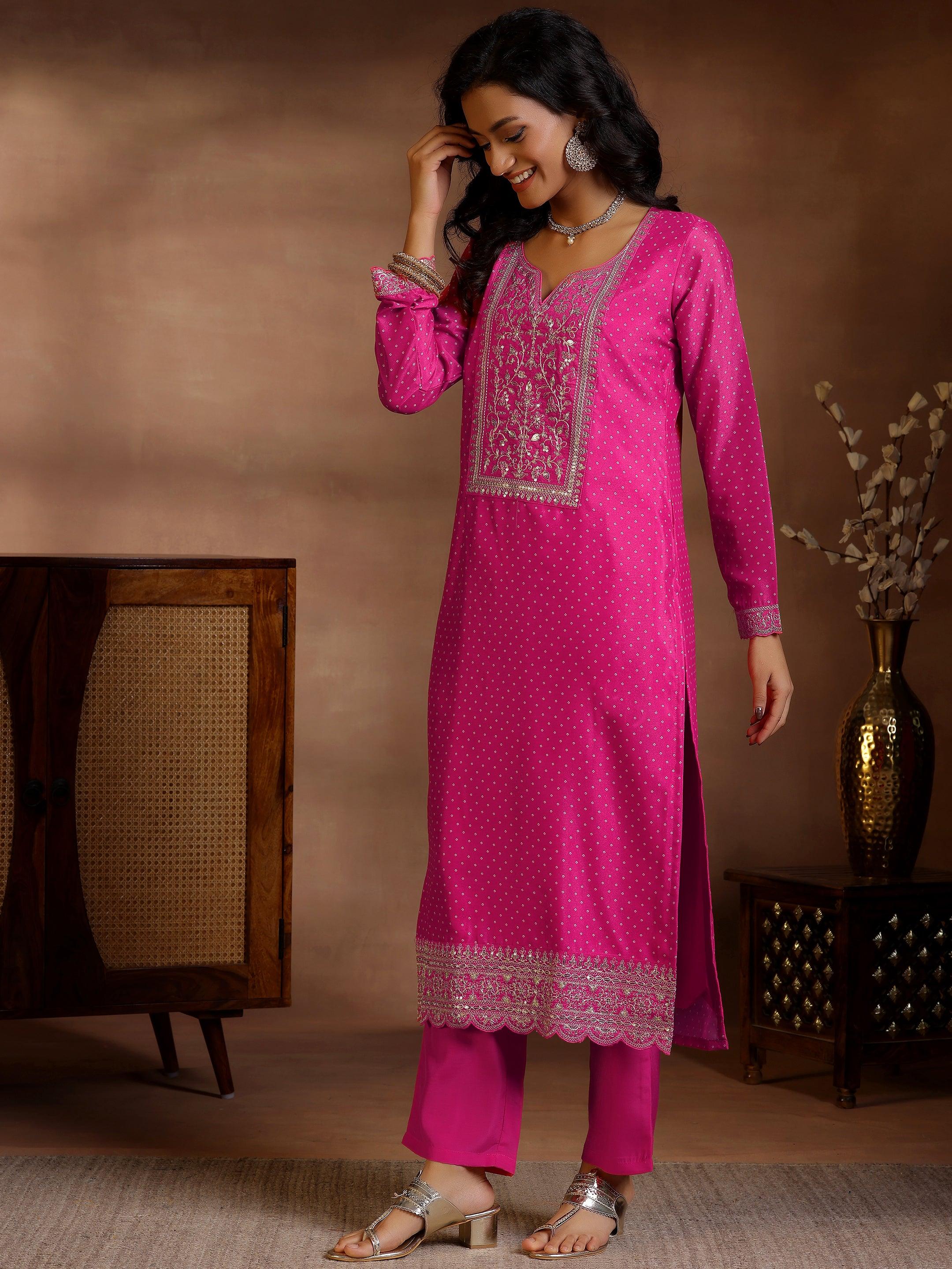 Pink Printed Silk Blend Straight Suit With Dupatta