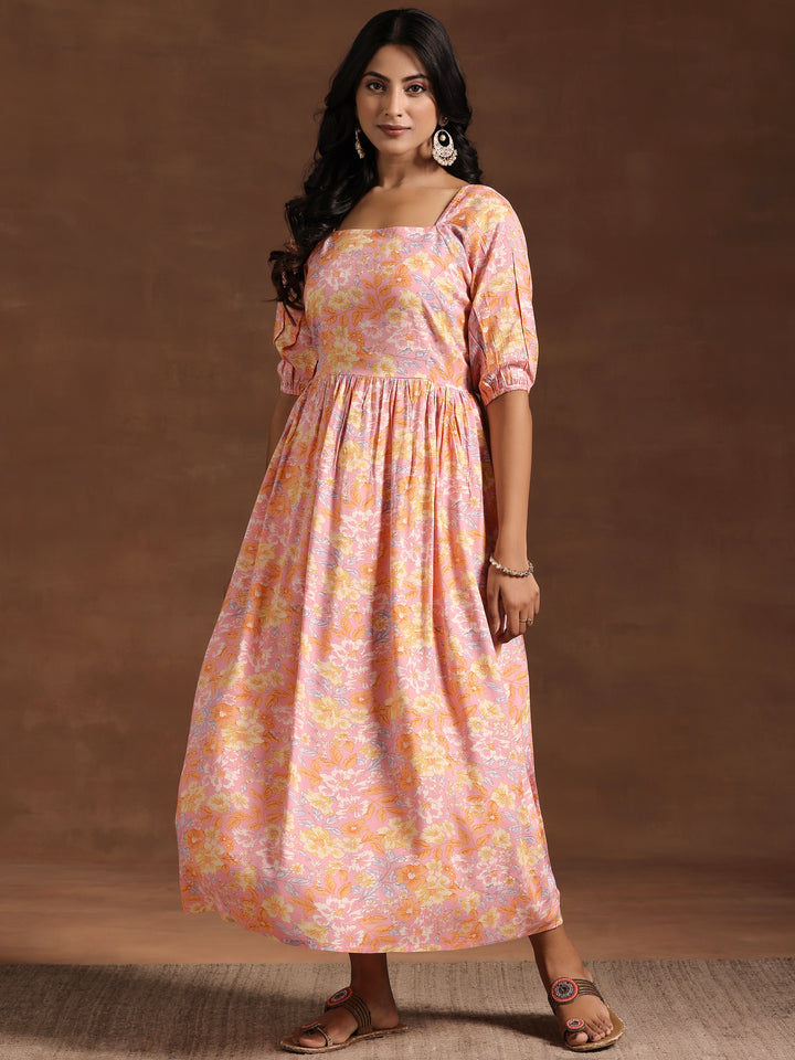 Peach Printed Rayon Fit and Flare Dress