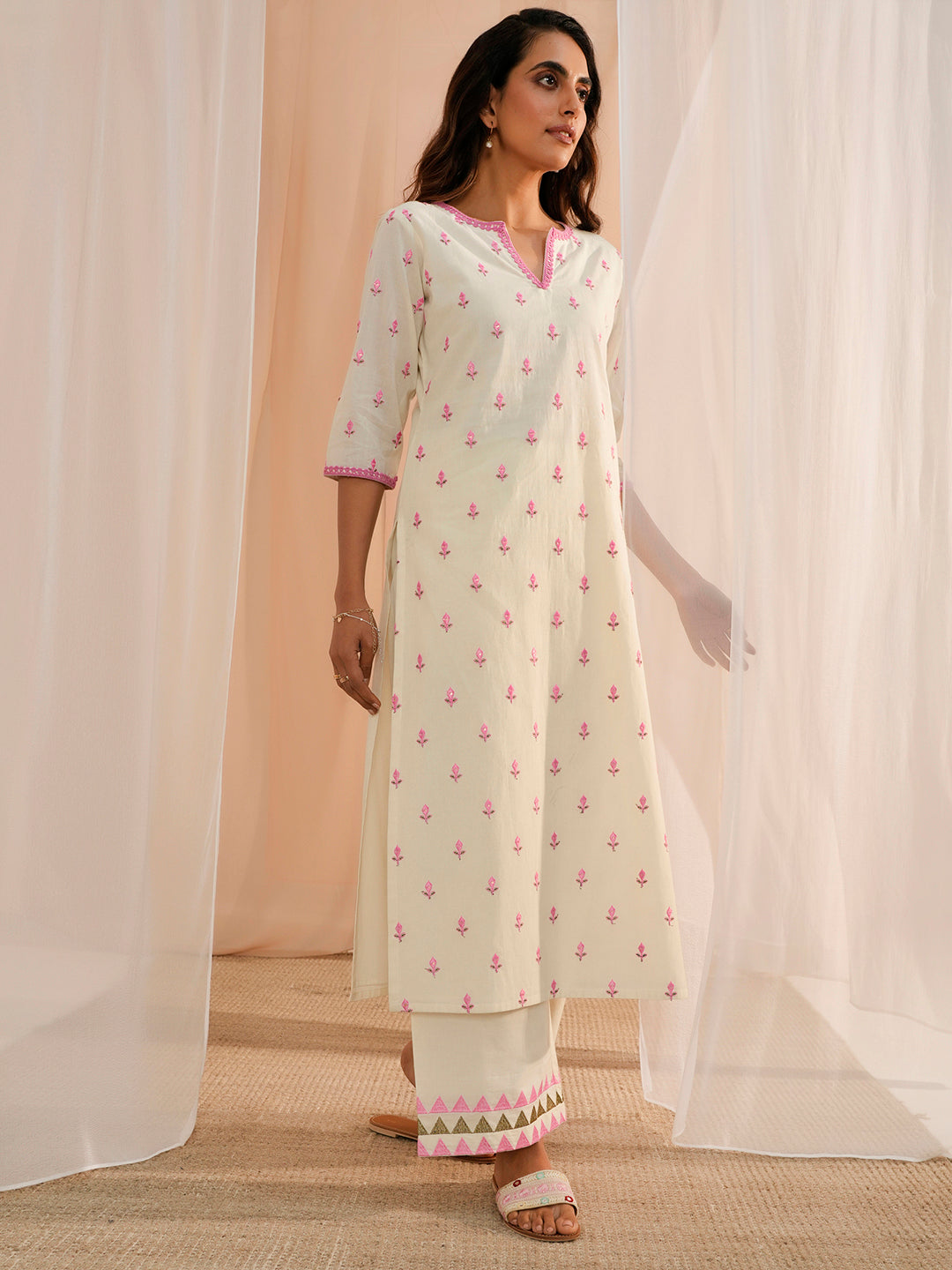 Off White Embroidered Cotton Straight Suit With Dupatta