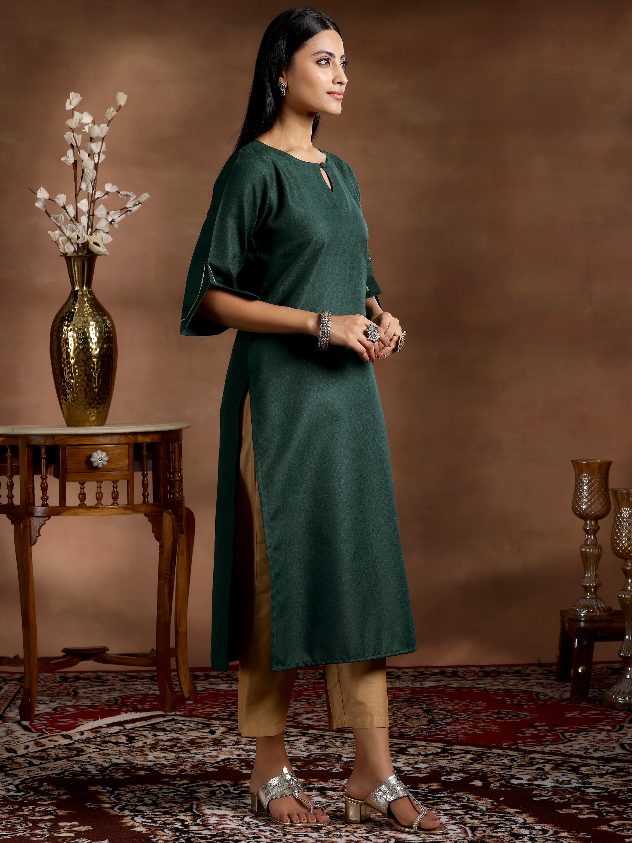 Green Solid Silk Straight Kurta