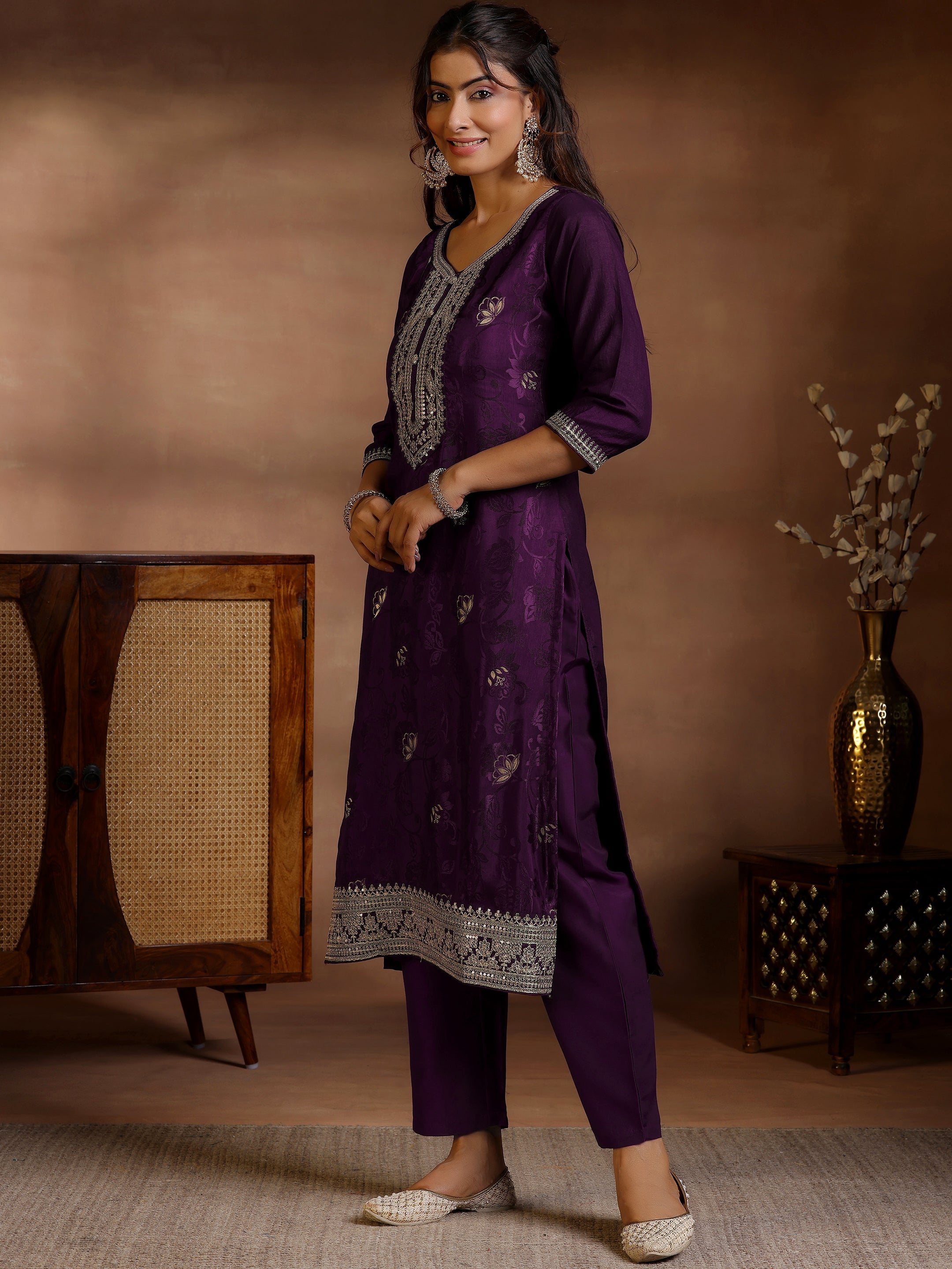 Wine Woven Design Silk Blend Straight Suit With Dupatta