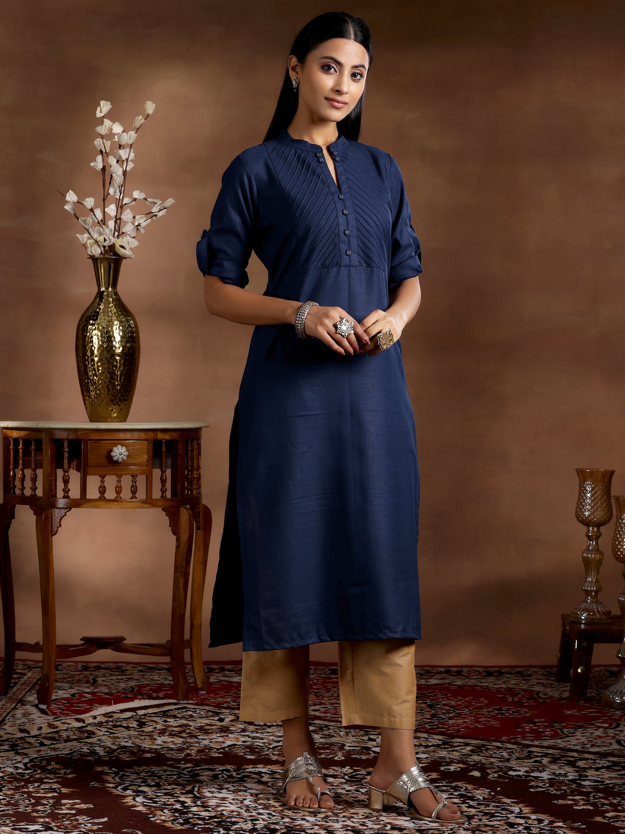 Blue Solid Silk Straight Kurta