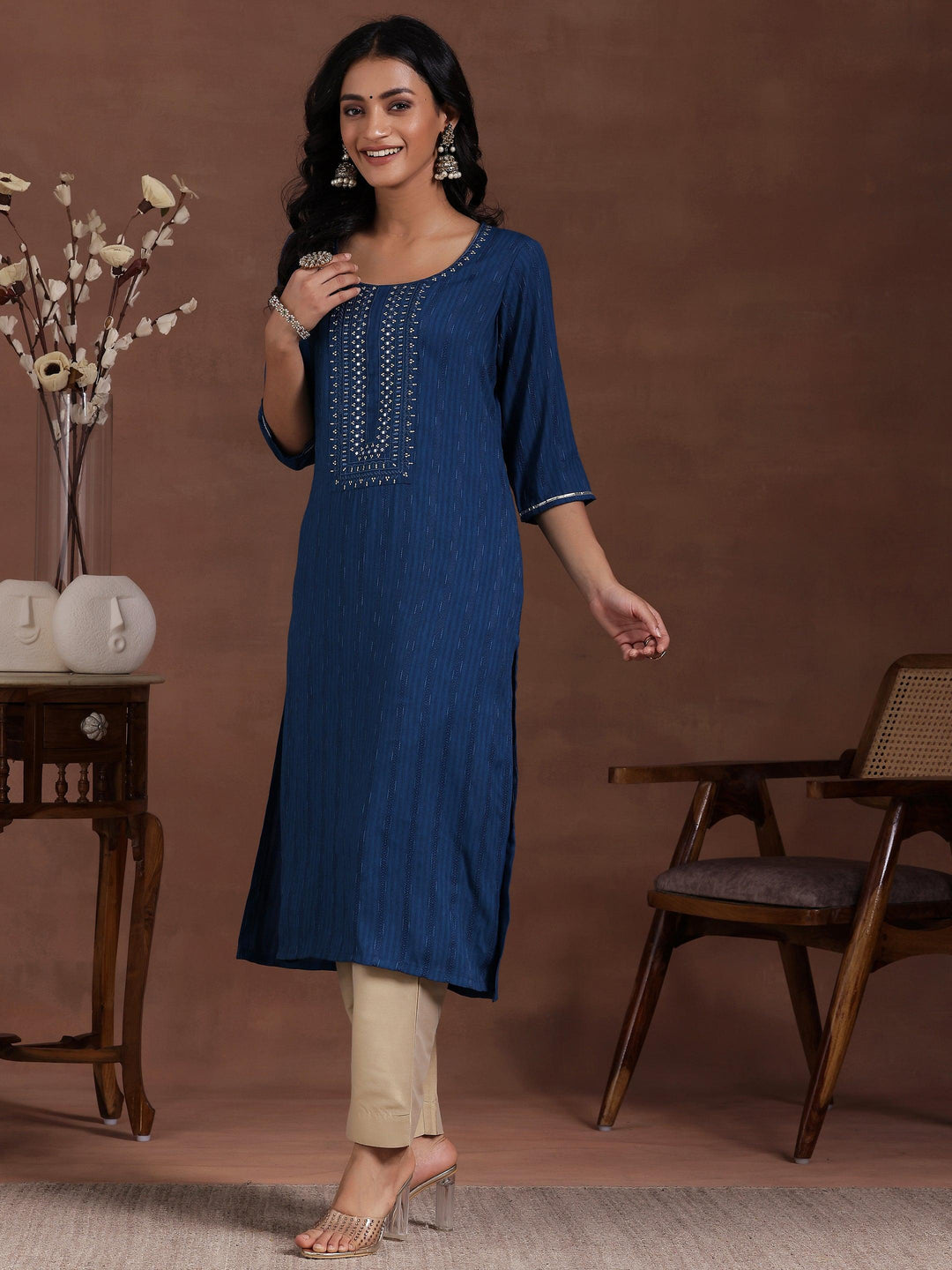 Blue Yoke Design Rayon Straight Kurta - Libas