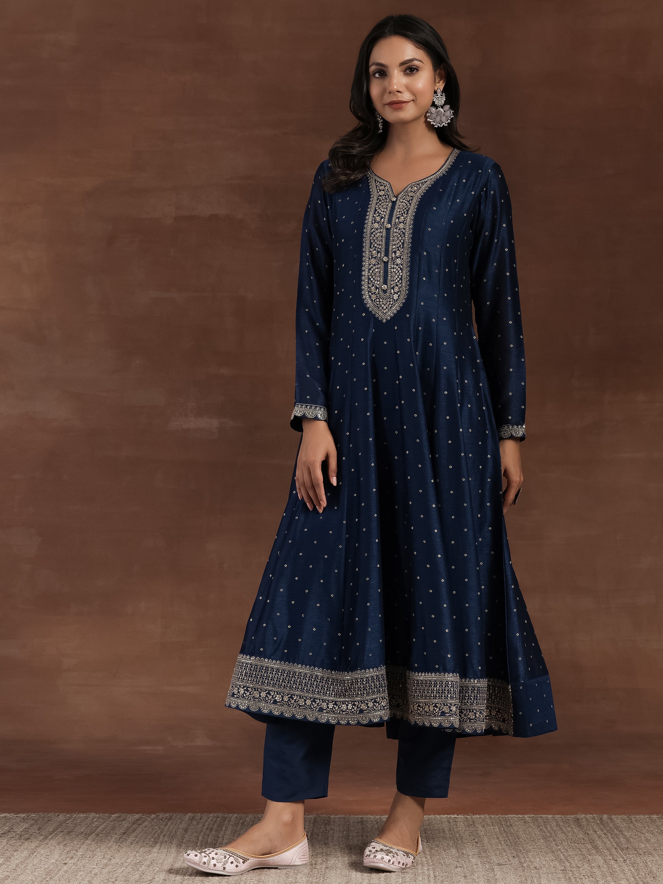 Blue Embroidered Silk Blend A-Line Kurta With Trousers & Dupatta