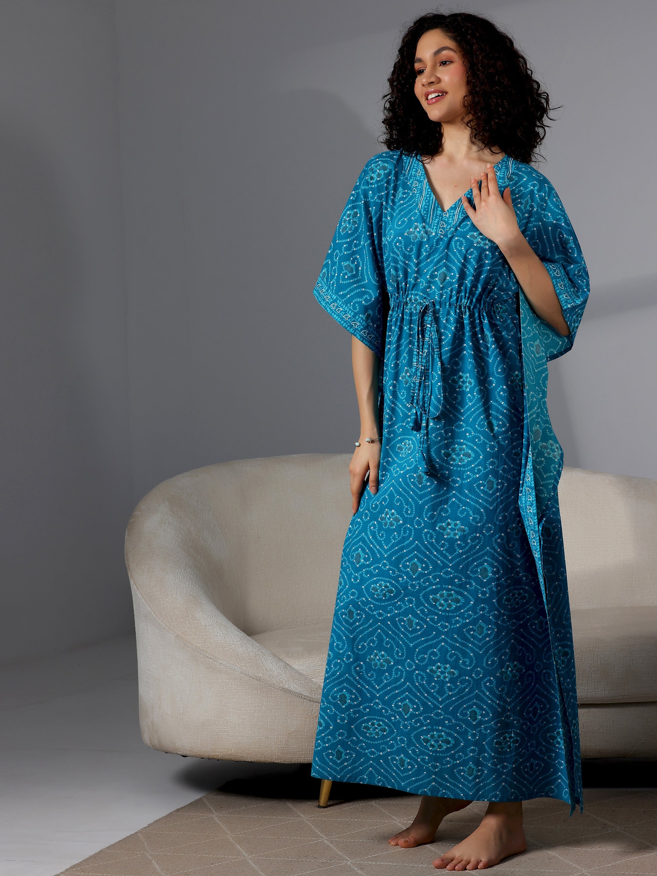 Blue Printed Cotton Kaftan Night Dress