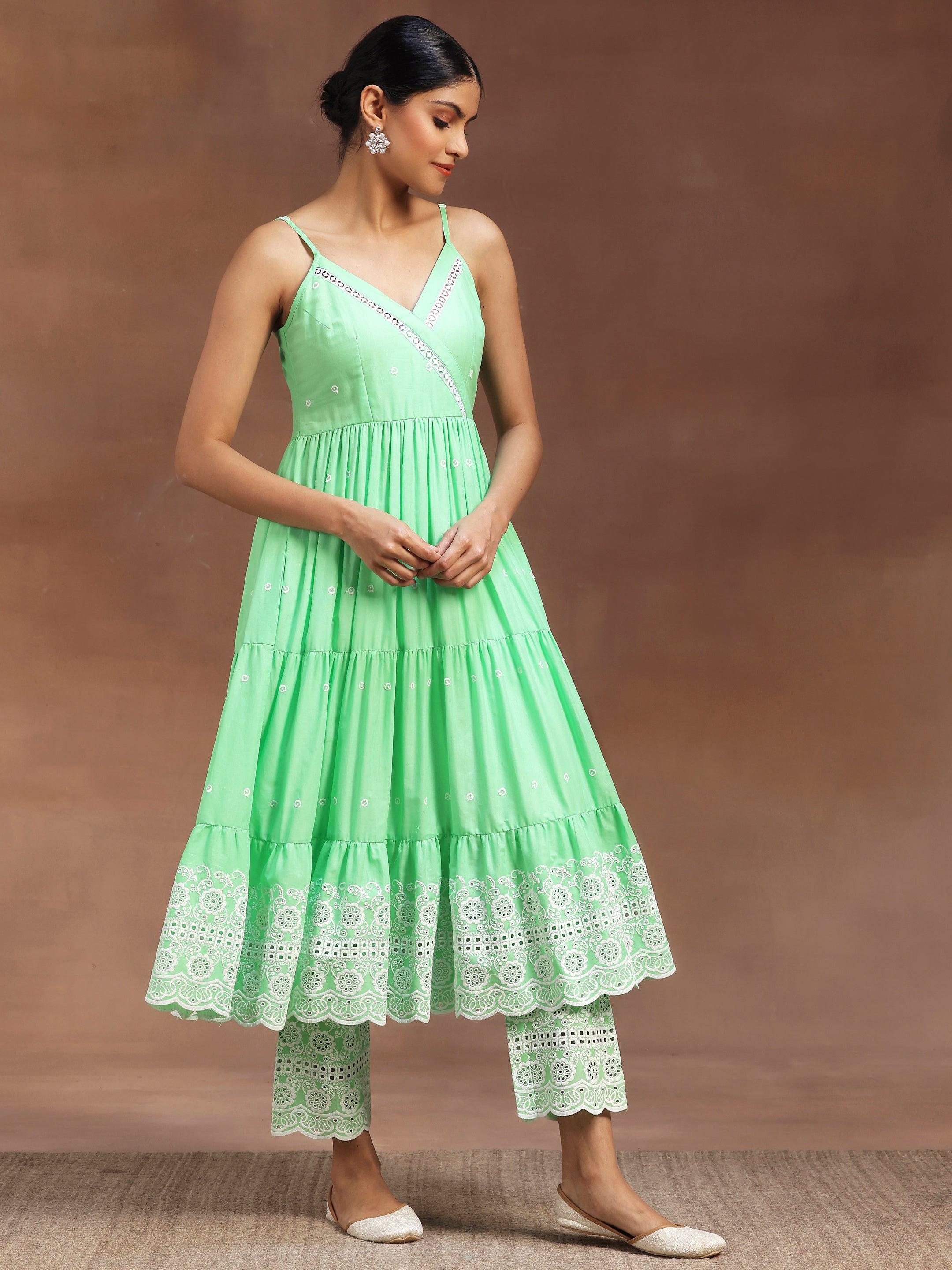 The Kiara Cut Green Self Design Cotton Anarkali Kurta With Trousers