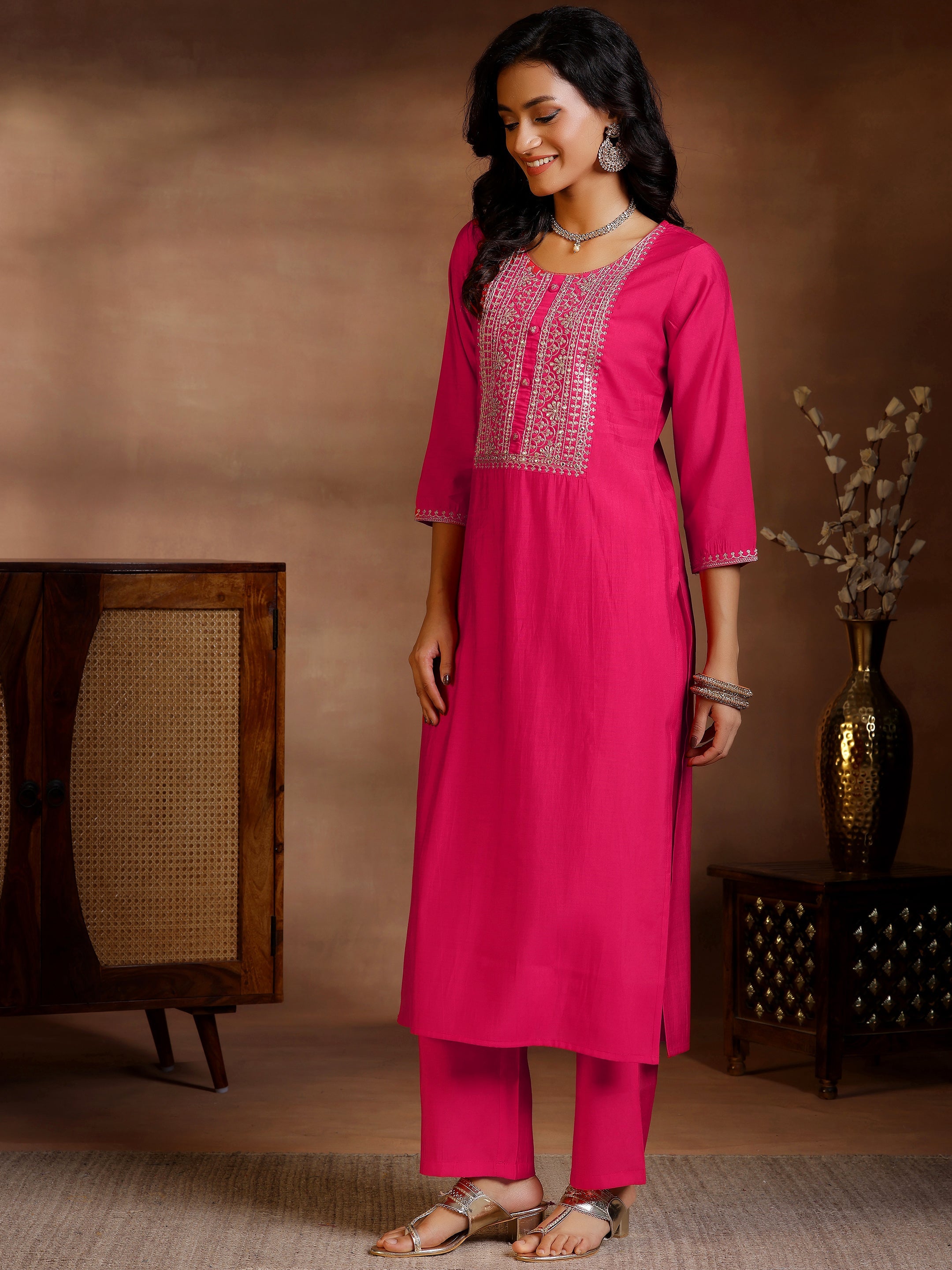 Pink Yoke Design Silk Blend Straight Suits With Dupatta