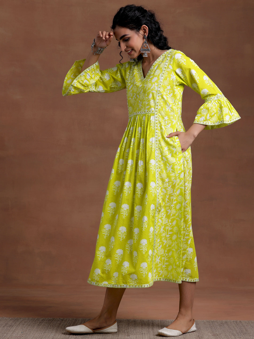 Neon Green Printed Cotton A-Line Dress