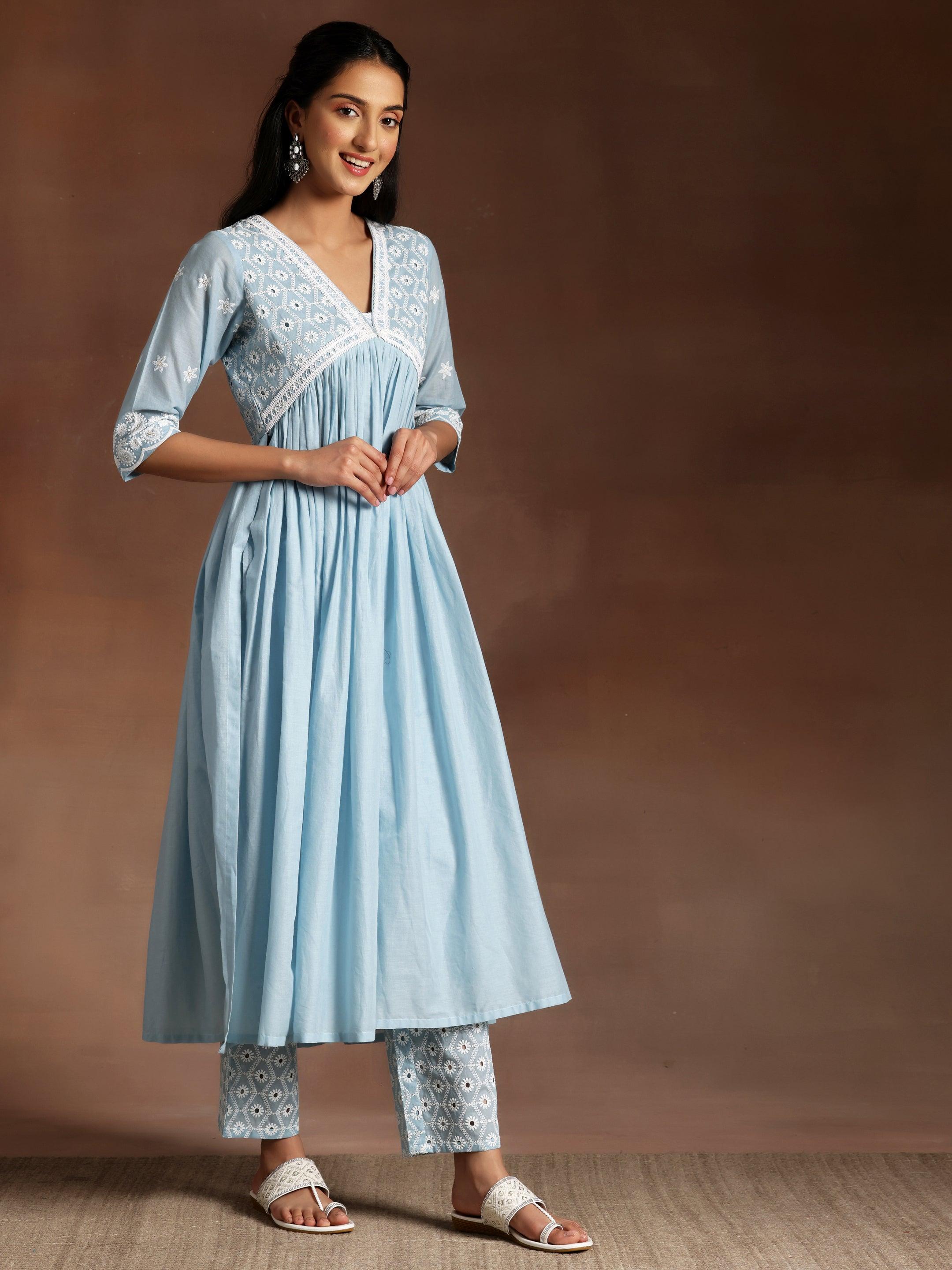 Blue Embroidered Cotton A-Line Kurta With Palazzos & Dupatta