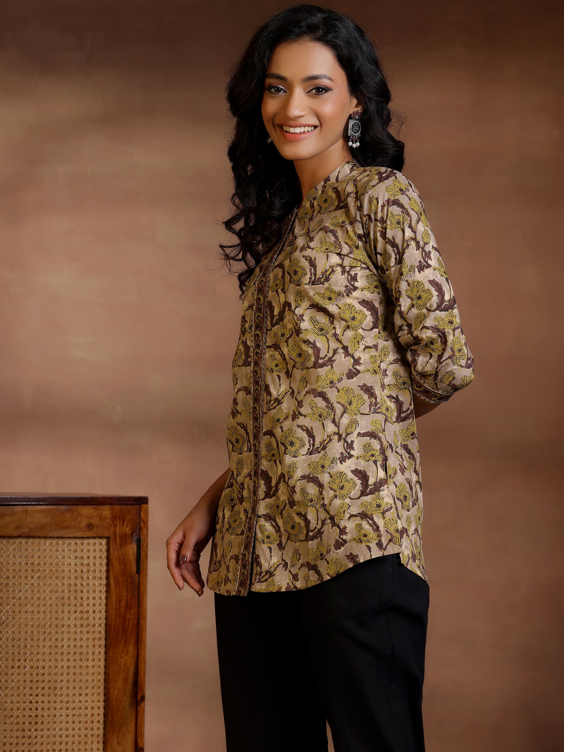 Brown Printed Cotton Straight Kurti