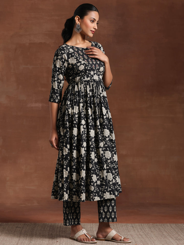 Black Printed Pure Cotton Anarkali Suit With Dupatta