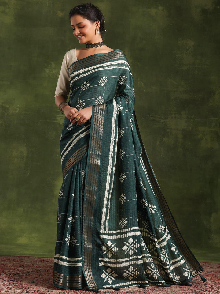 Green Printed Silk Blend Saree With Unstitched Blouse Piece - Libas