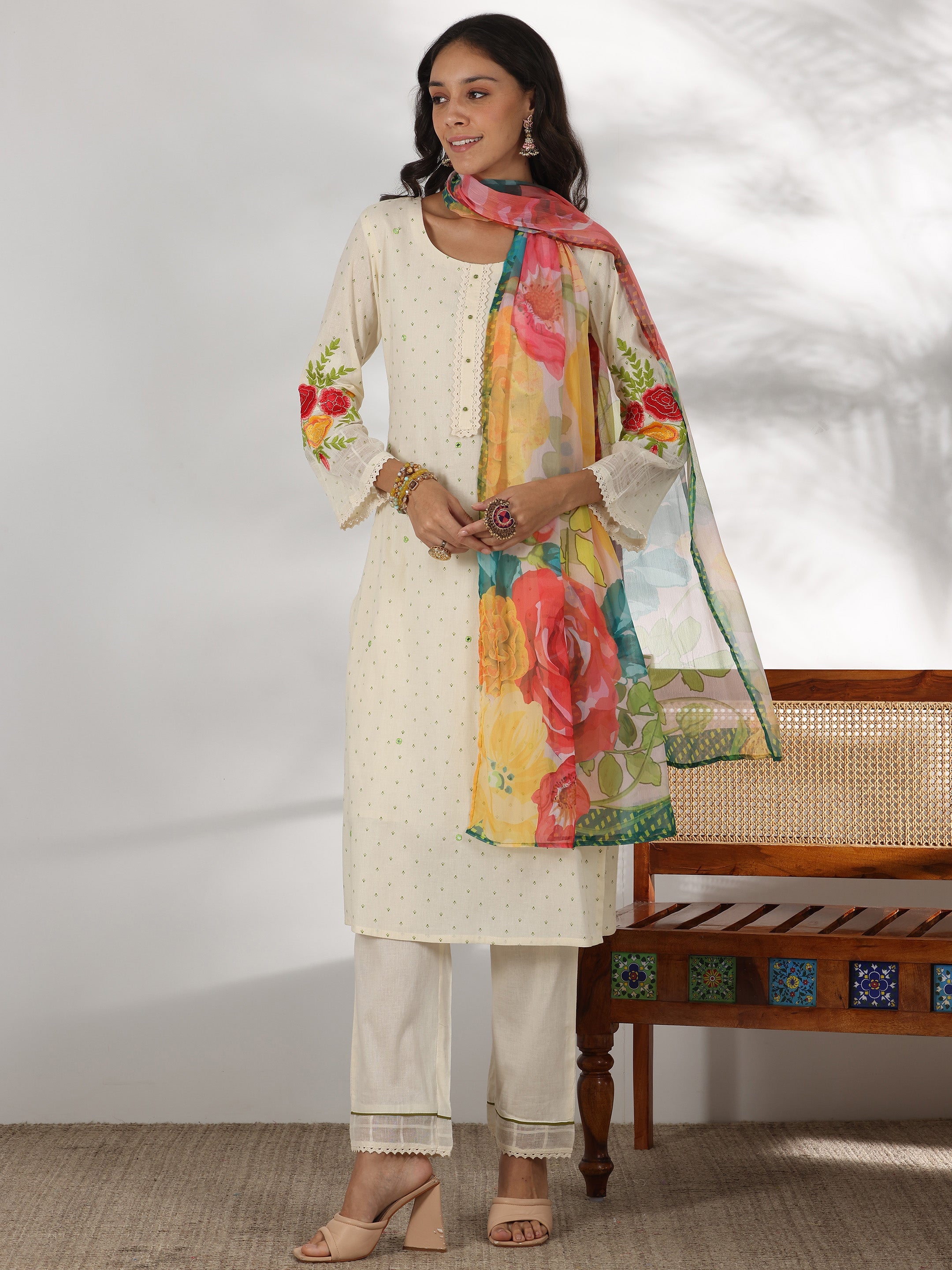 Off white Printed Cotton Straight Suit With Dupatta