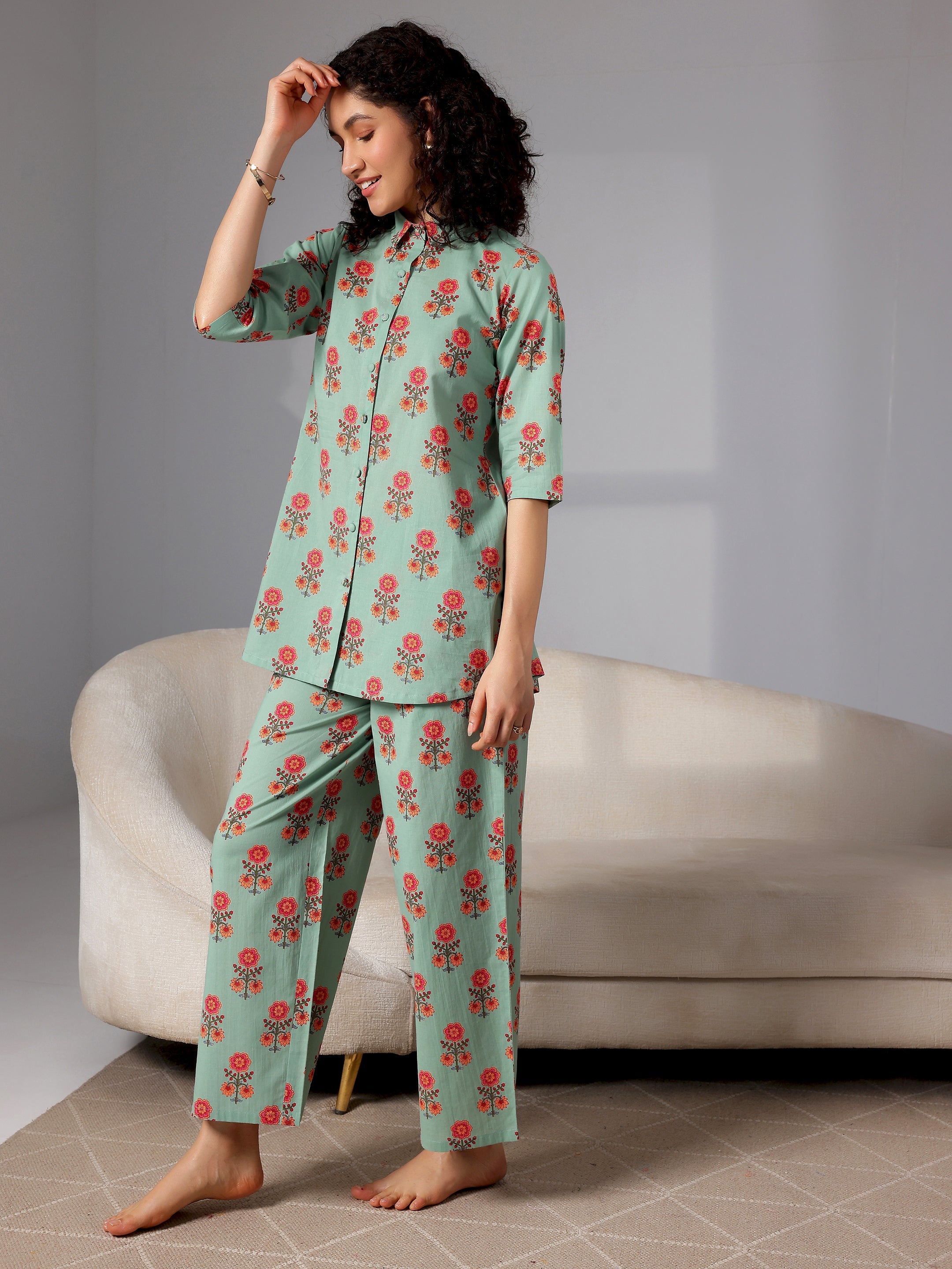 Green Printed Cotton Night Suits