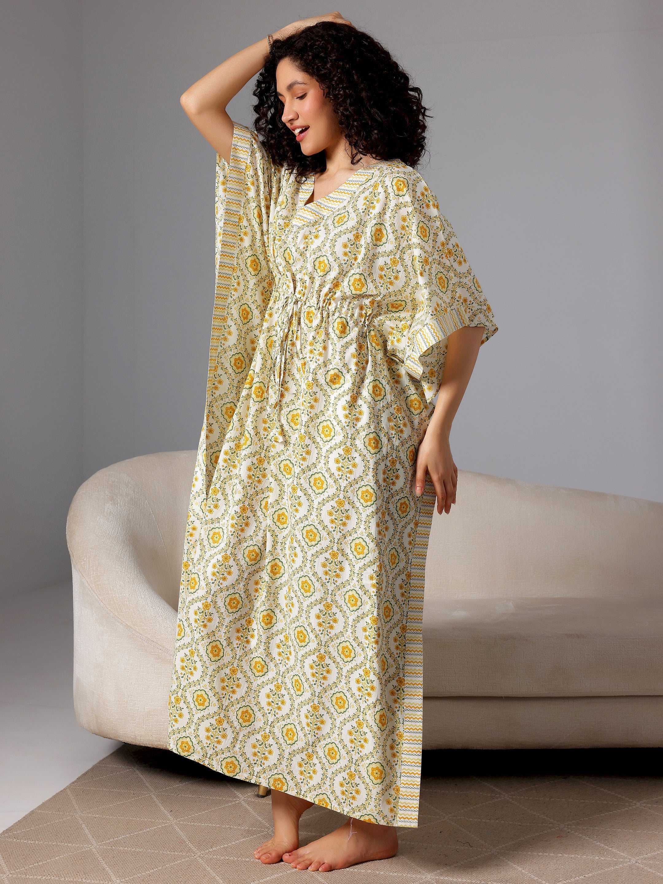 Yellow Printed Cotton Kaftan Night Dress