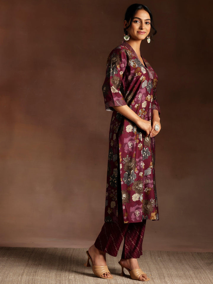 Burgundy Printed Silk Blend Straight Kurta With Trousers & Dupatta - ShopLibas