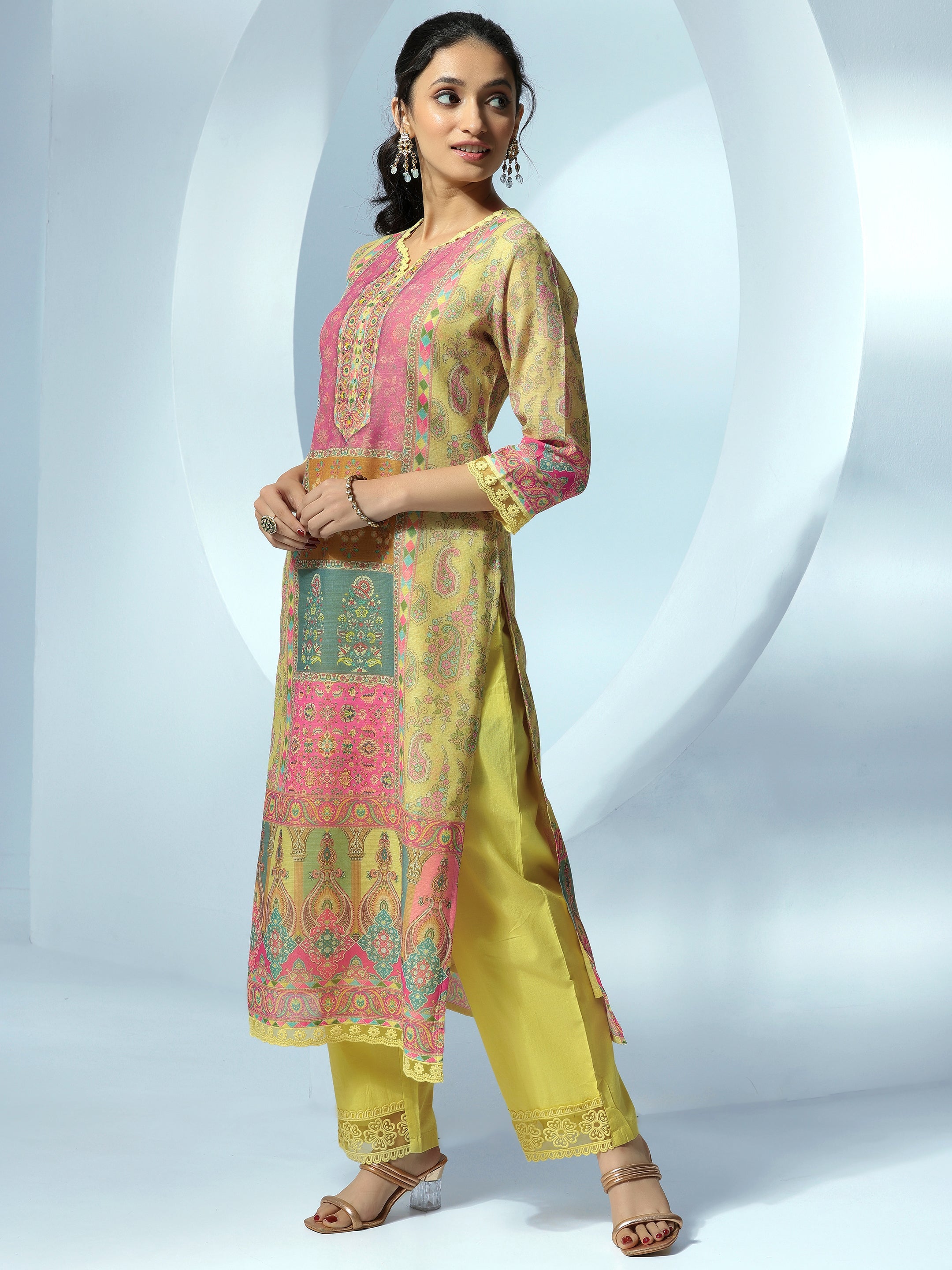 Yellow Printed Linen Straight Suit With Dupatta