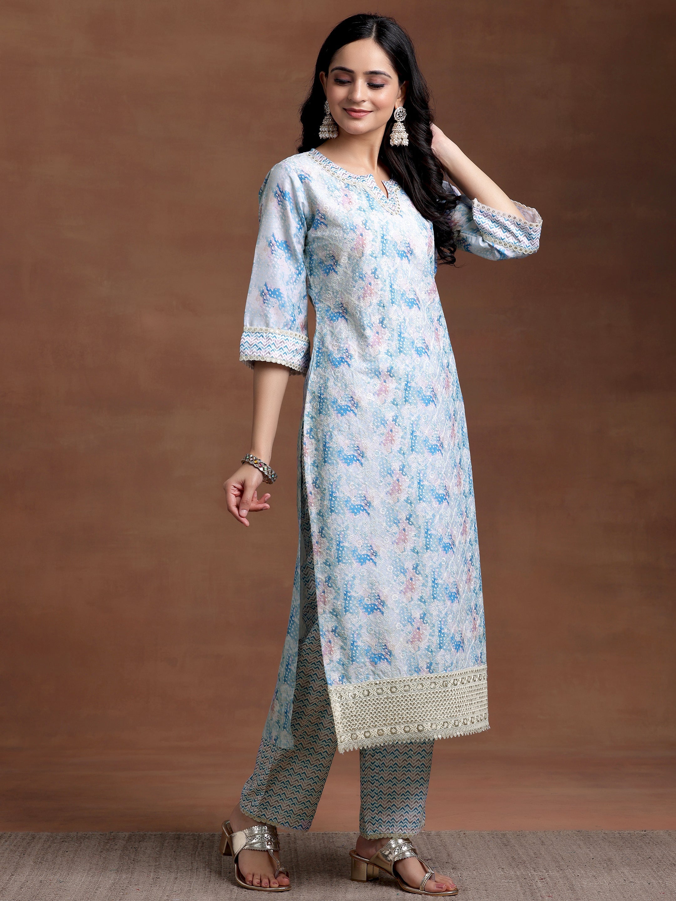 Blue Embroidered Cotton Blend Straight Suit With Dupatta