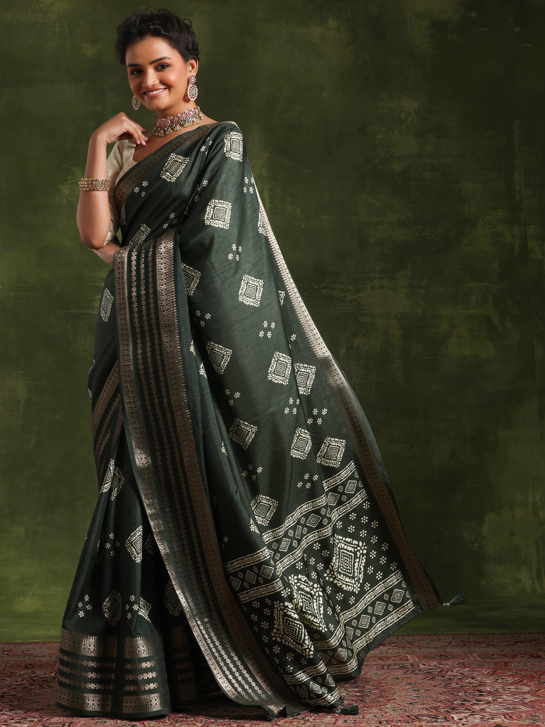 Green Printed Silk Blend Saree With Unstitched Blouse Piece