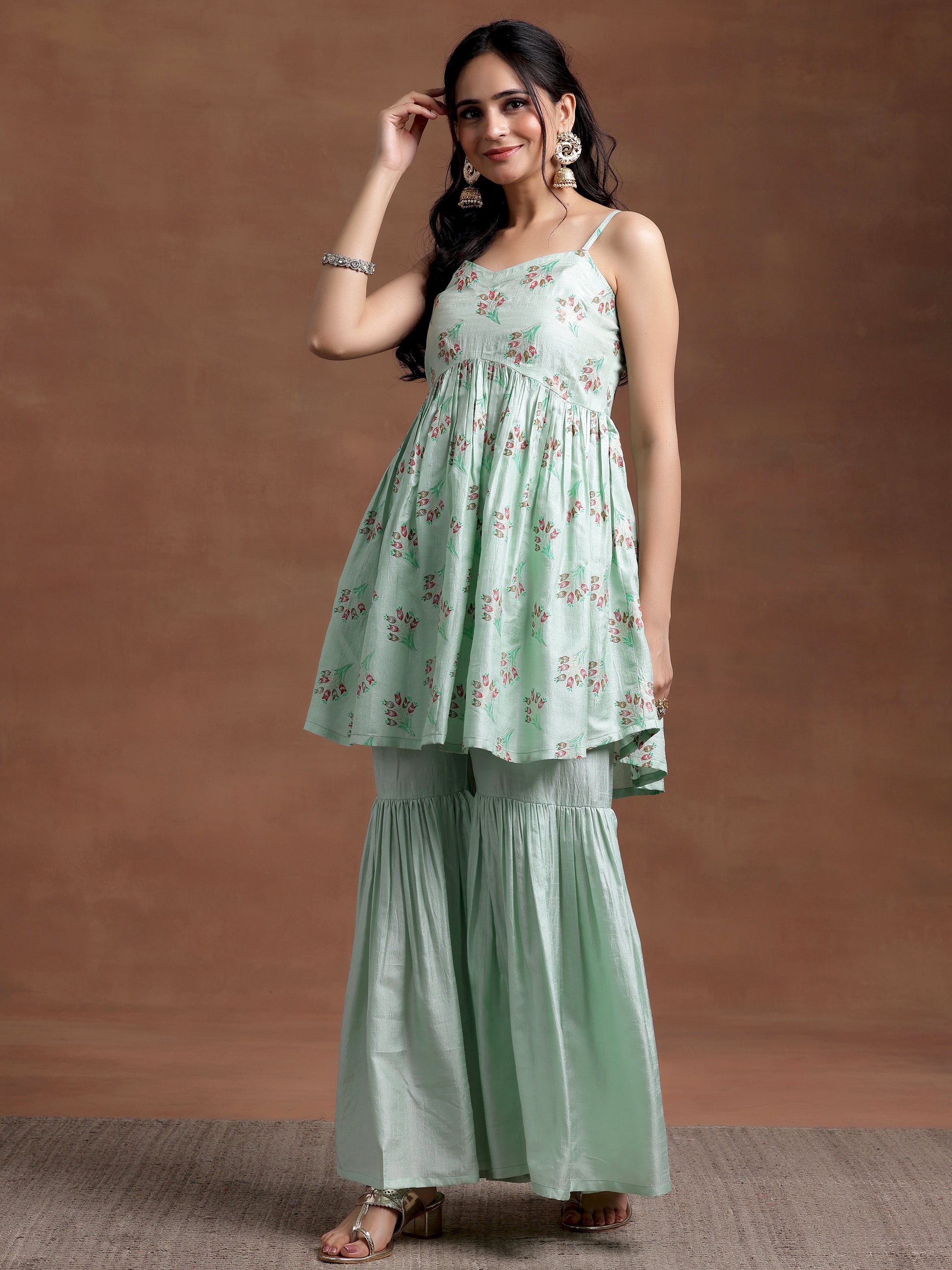 Sea Green Printed Silk Blend A-Line Kurta With Sharara