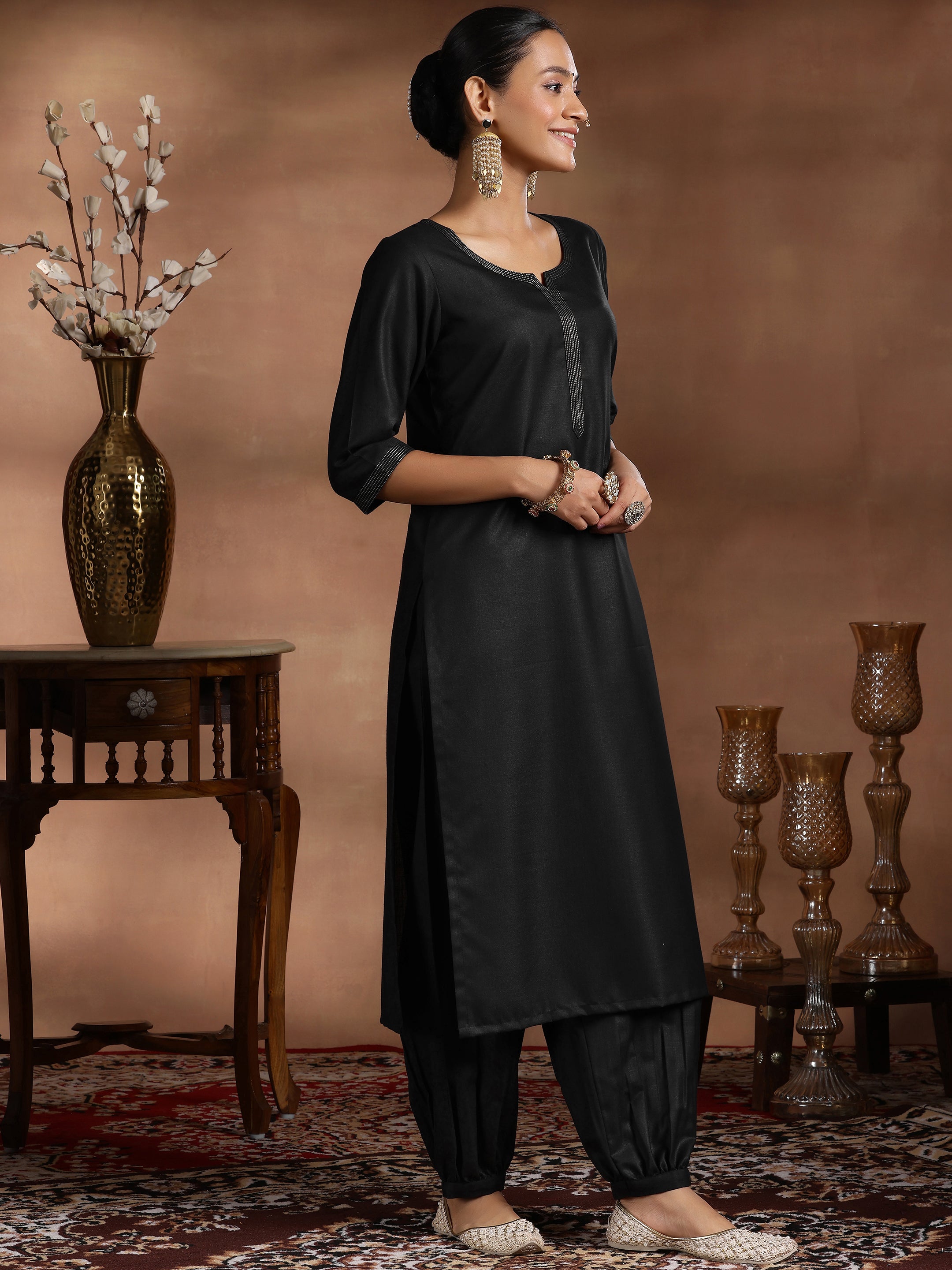 Black Solid Silk Blend Straight Suit With Dupatta