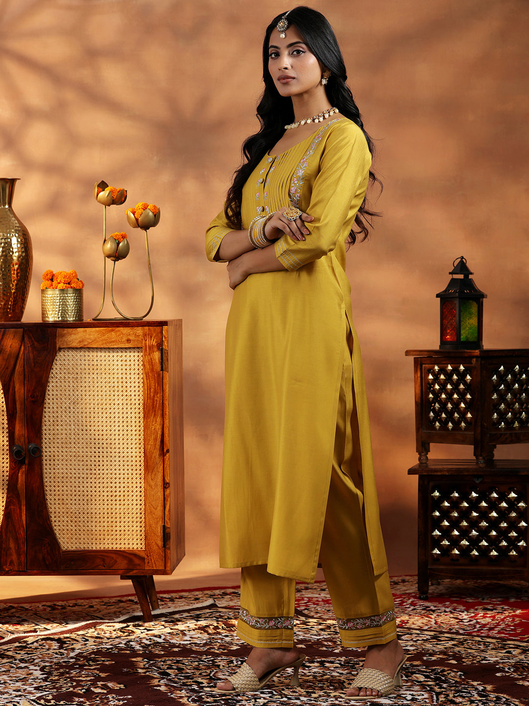 Mustard Yoke Design Silk Blend Straight Suit With Dupatta