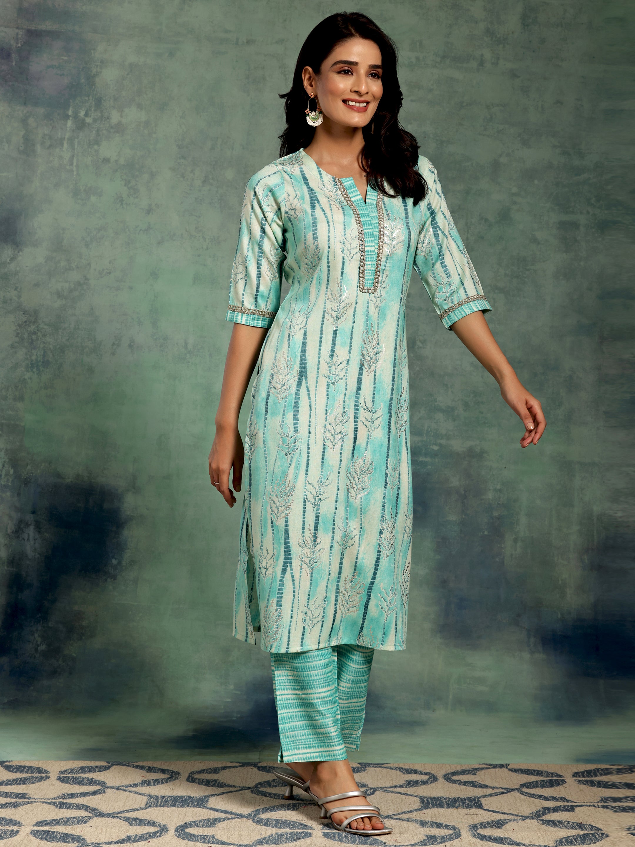 Blue Printed Rayon Straight Kurta Set