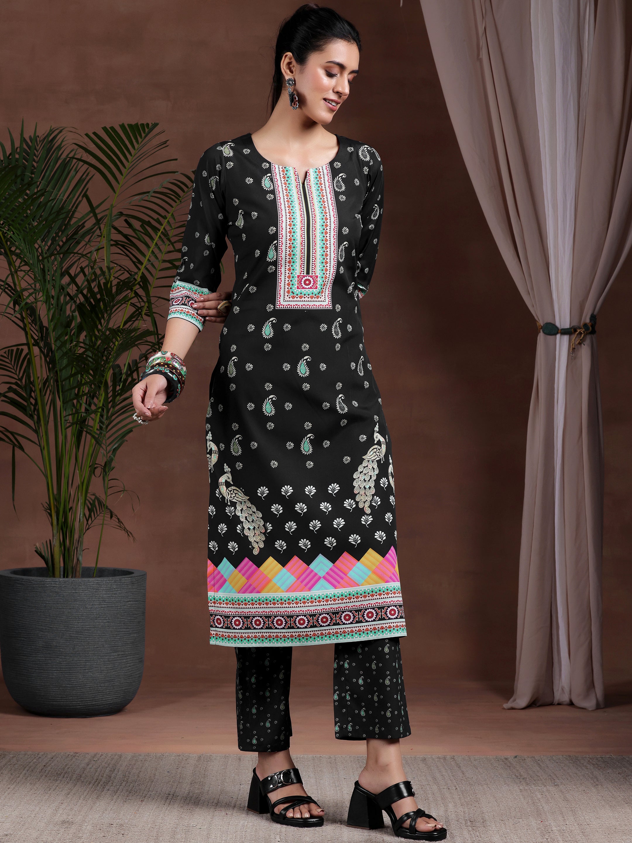 Black Printed Poly Crepe Straight Suit With Dupatta